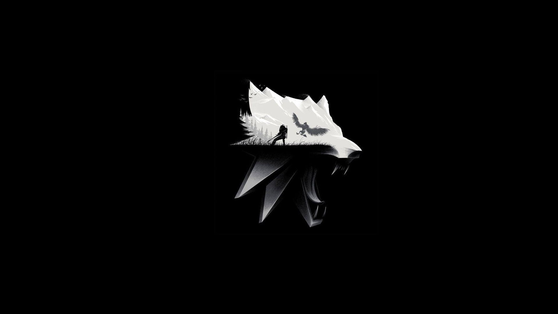 the witcher 3 wild hunt simple background monochrome animals fangs mountains dark video games minimalism 2k