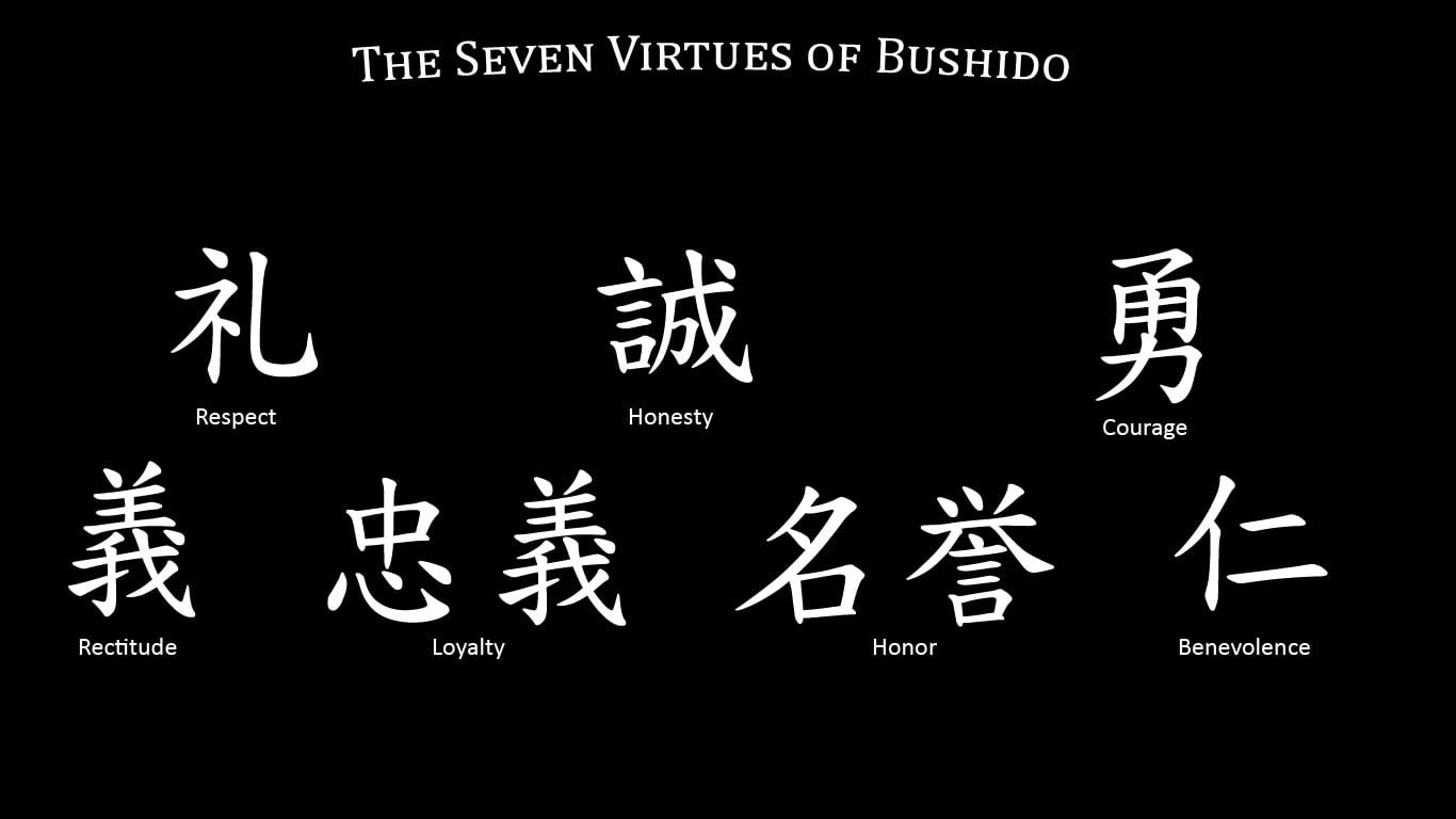 black background with kanji text overlay bushido minimalism