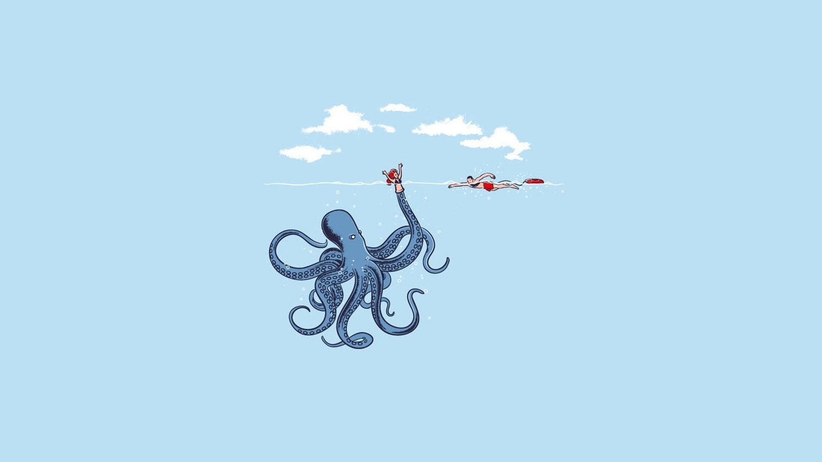 blue octopus in mid air illustration humor minimalism simple 2k