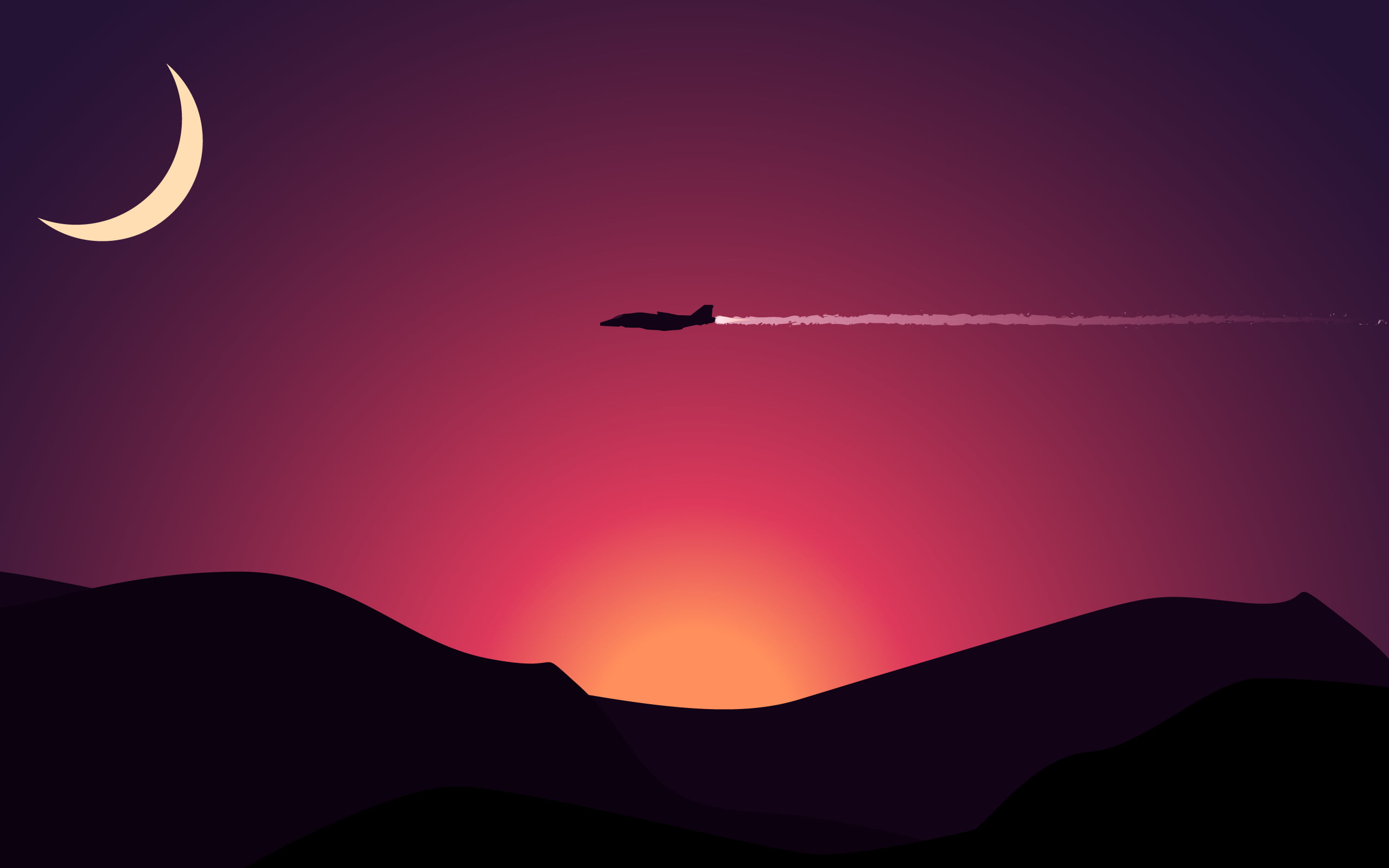 black plane illustration airplane above mountains with sunset under crescent moon 2k