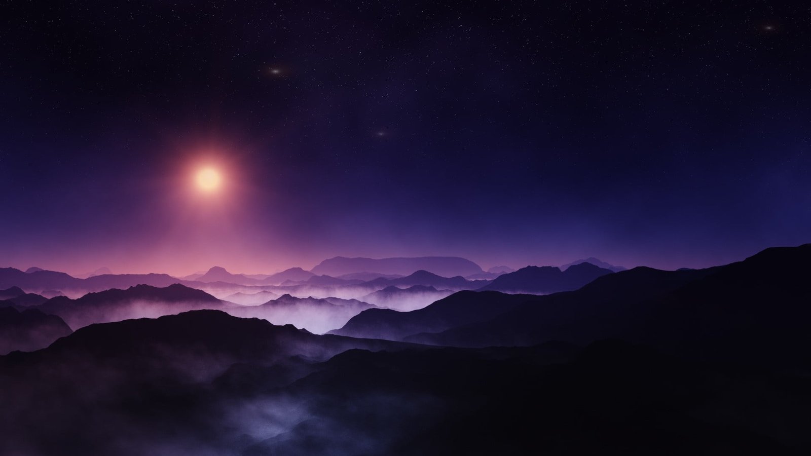 black mountains nature landscape midnight Sun starry night 2k