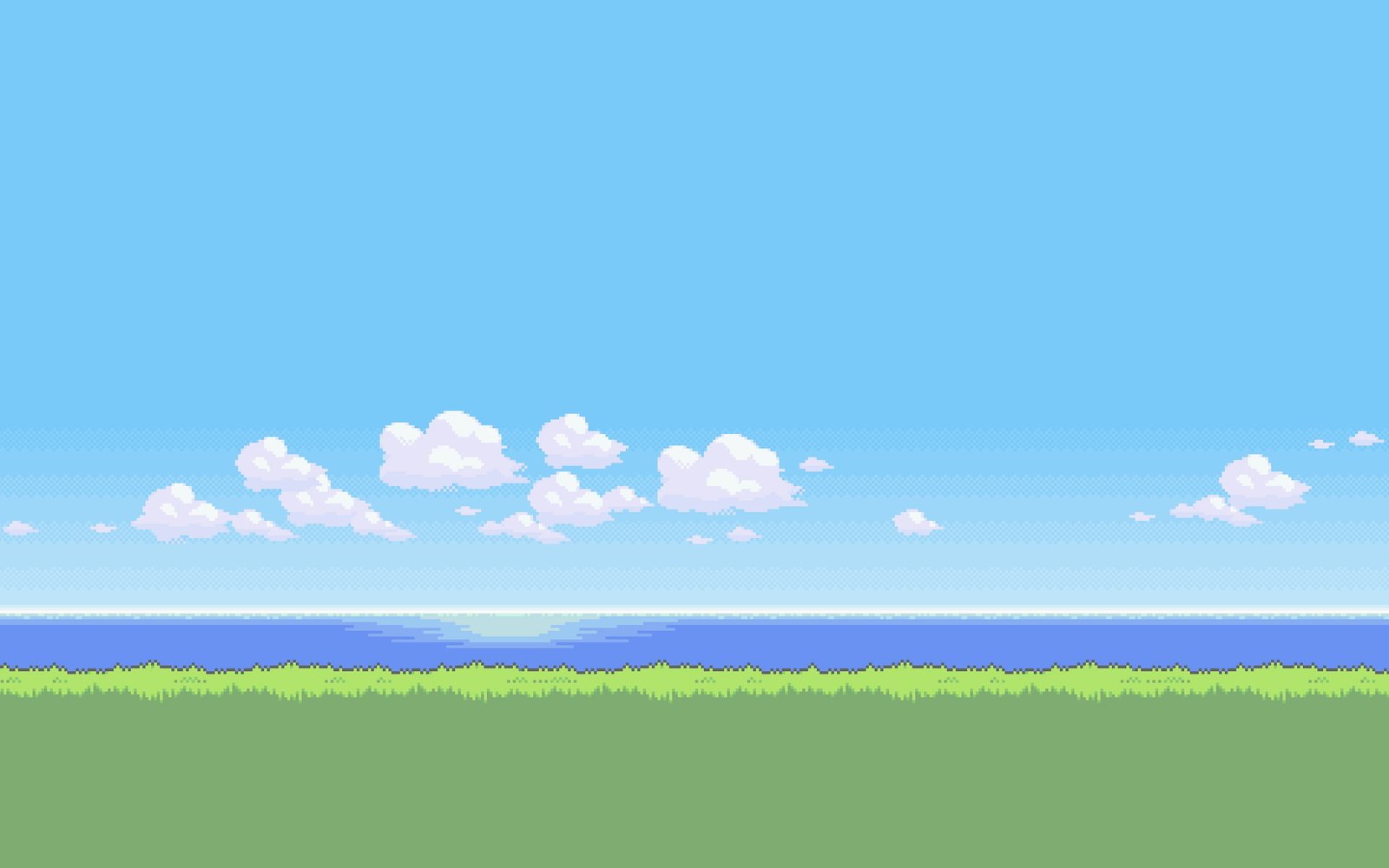 sky grass and body of water artwork pixel art green beach 2k