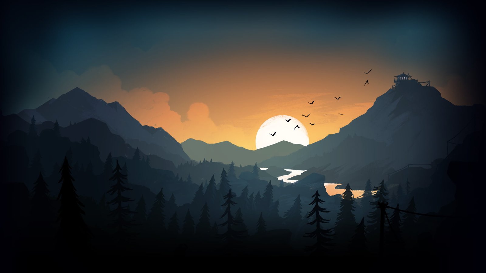 sun and mountain illustration drawing evening trees mountains 2k