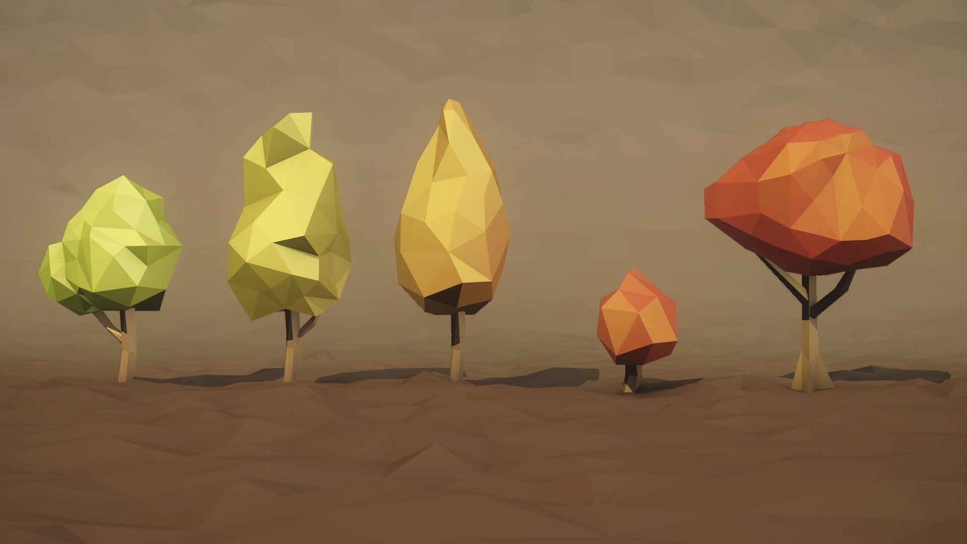 three yellow and black table lamps low poly trees digital art 2k