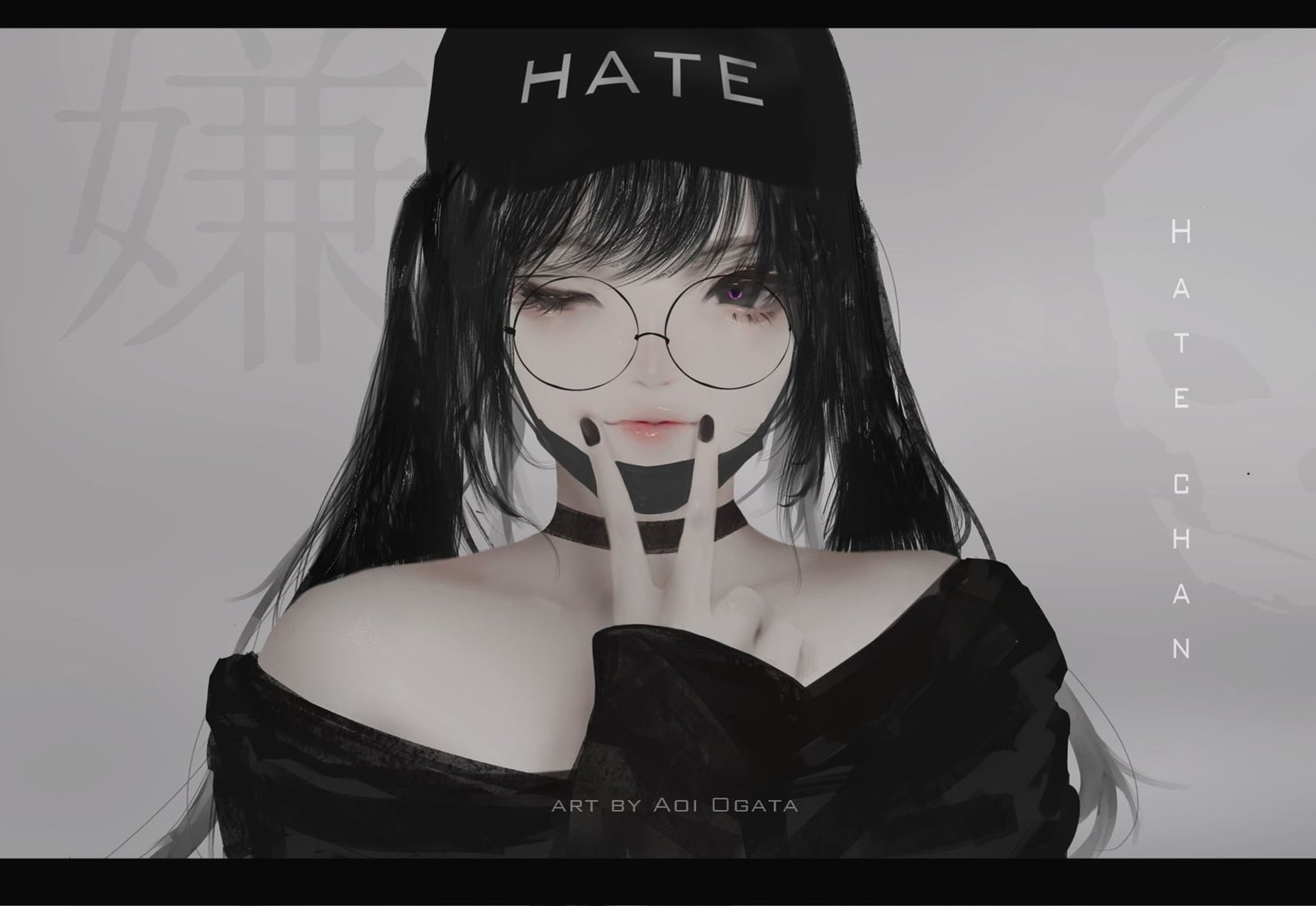 Aoi Ogata black hair Asian women anime girls glasses painted nails 2k