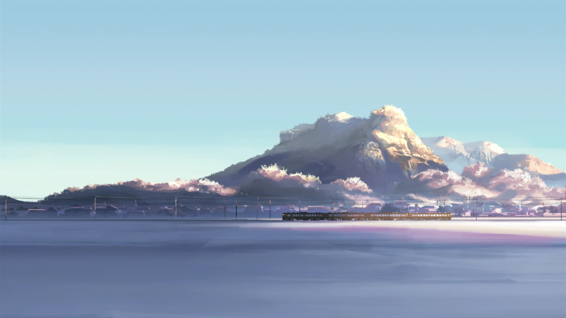 black and red train 5 Centimeters Per Second snow mountains 2k