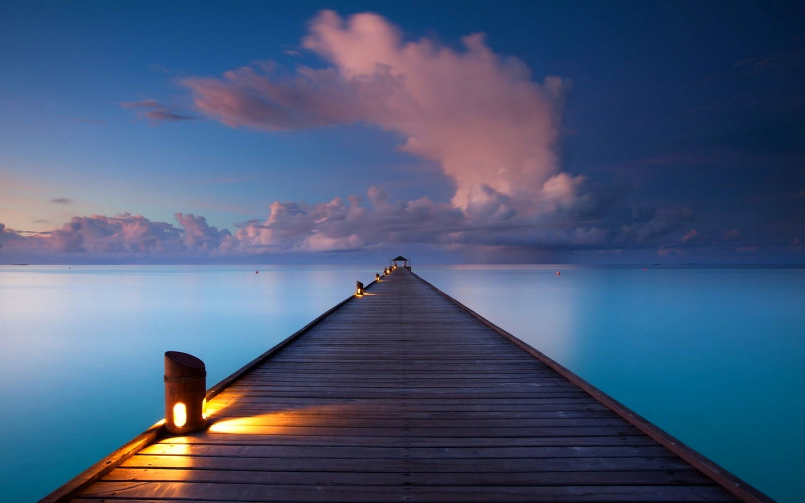 brown wooden dock walkway clouds sea nature landscape Maldives 2k