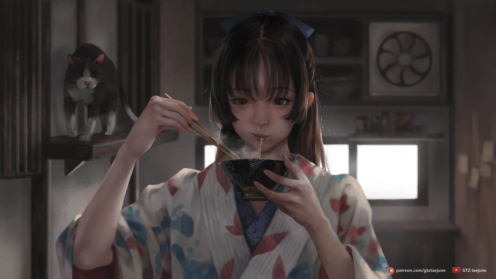 digital art artwork women brunette Taejune Kim eating 2k