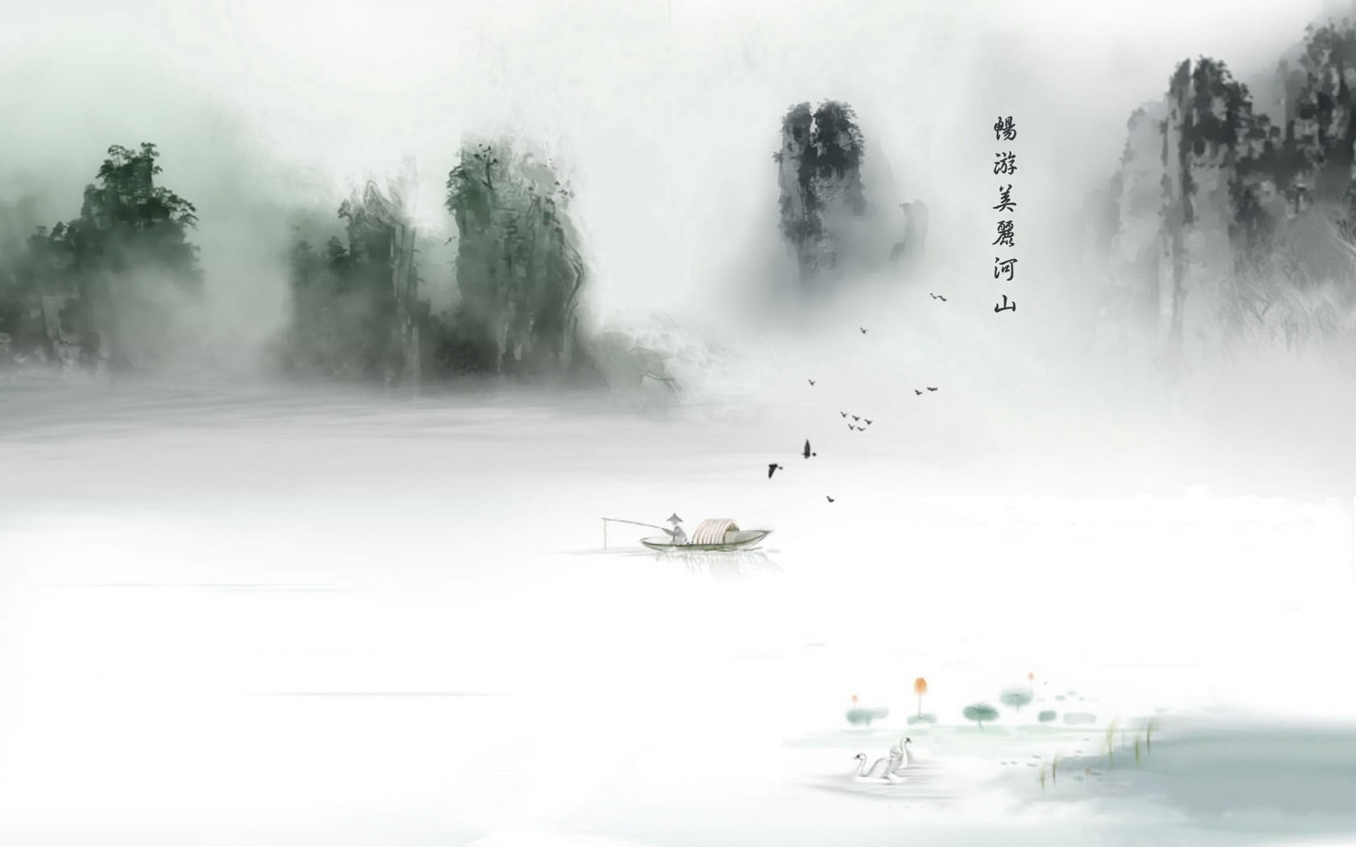 man on boat fishing lake near mountains painting chinese classical 2k