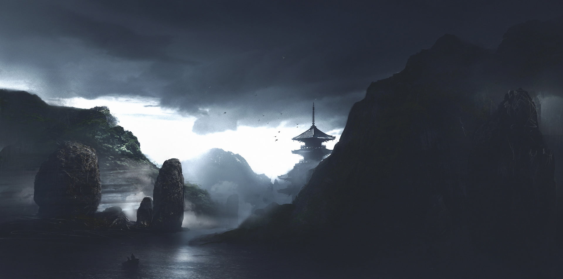nature Japan dark atmosphere pagoda fog rock object 2k