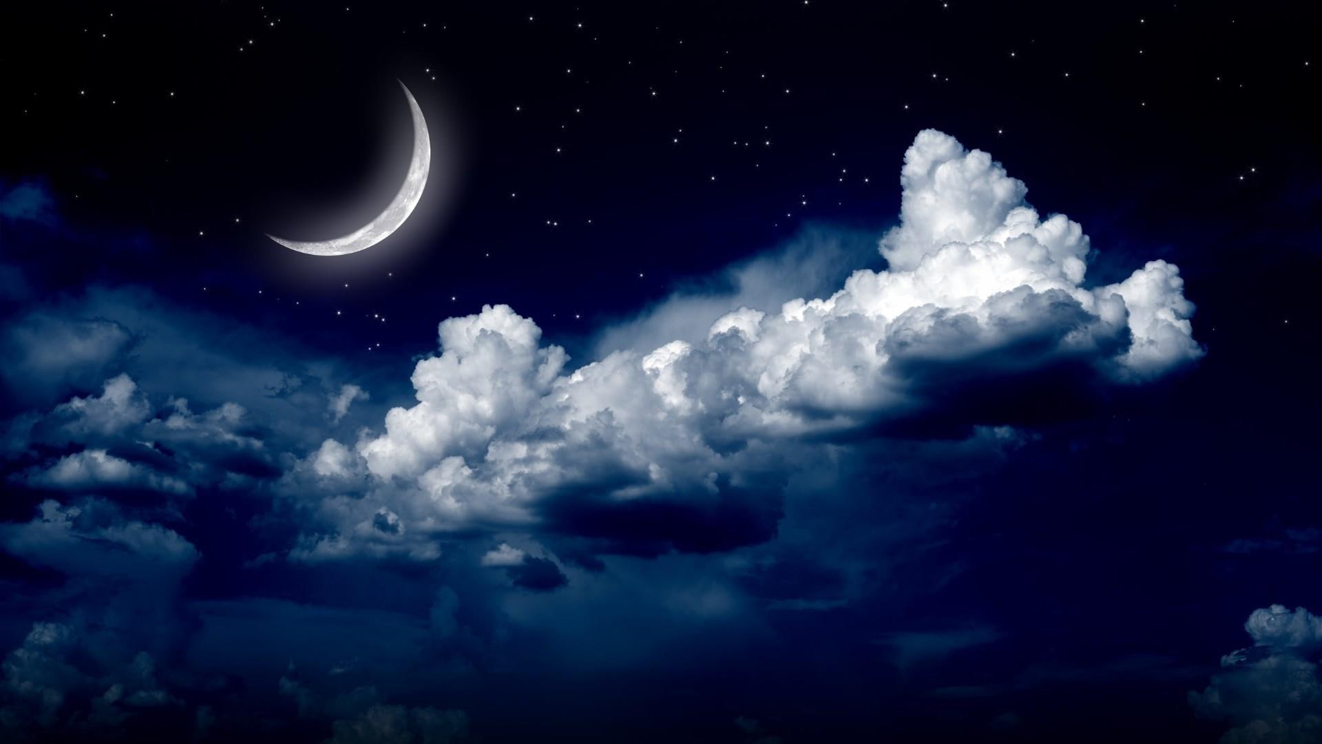nature moonlight clouds stars starry night sky moonlit 2k