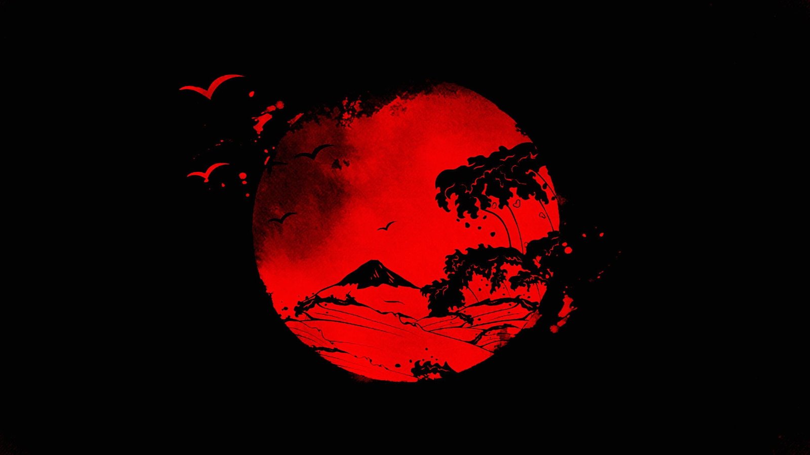 red moon illustration Japanese Sun drawing fallen angel space 2k