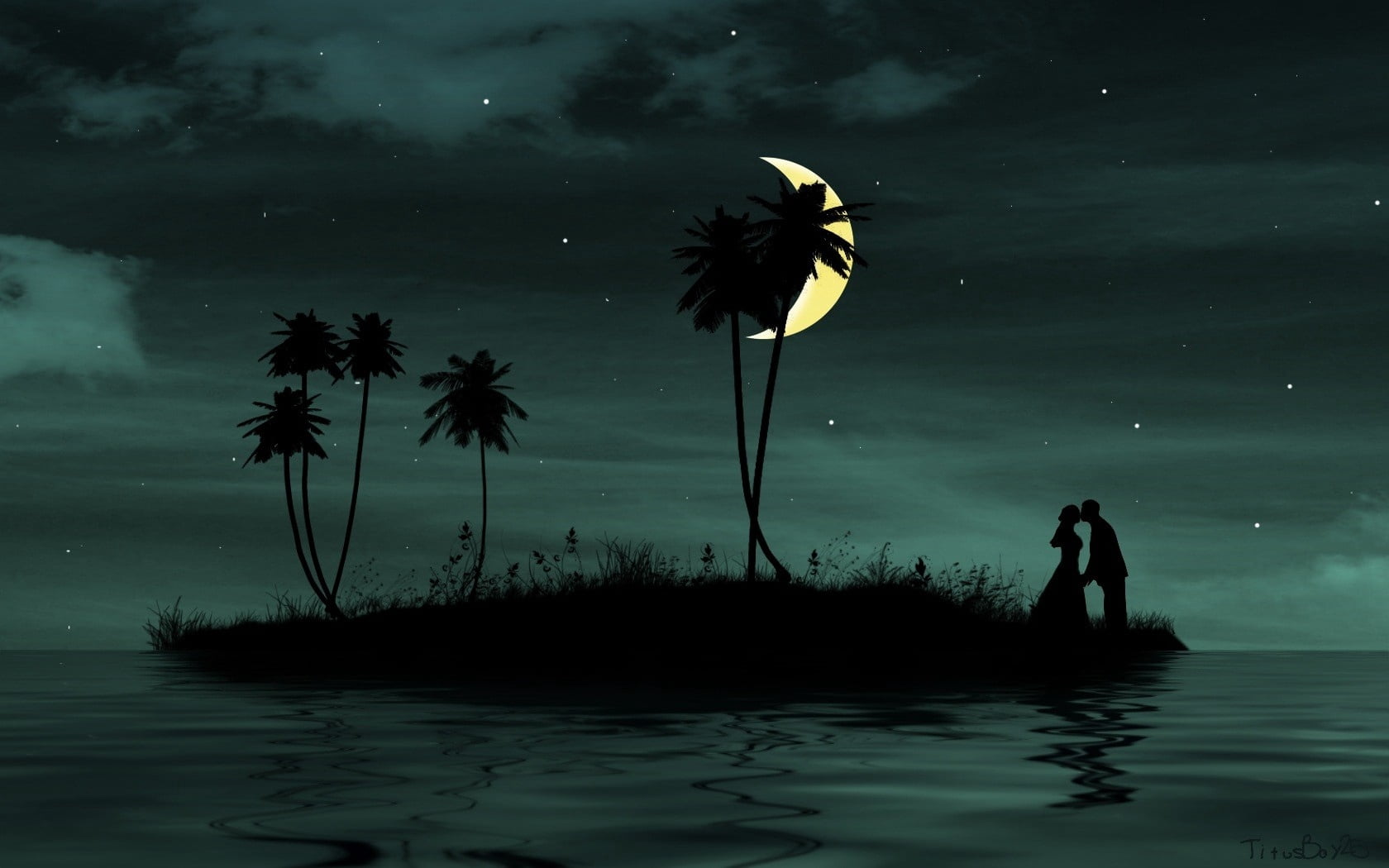 silhouette of man and woman couple love kiss island dark 2k