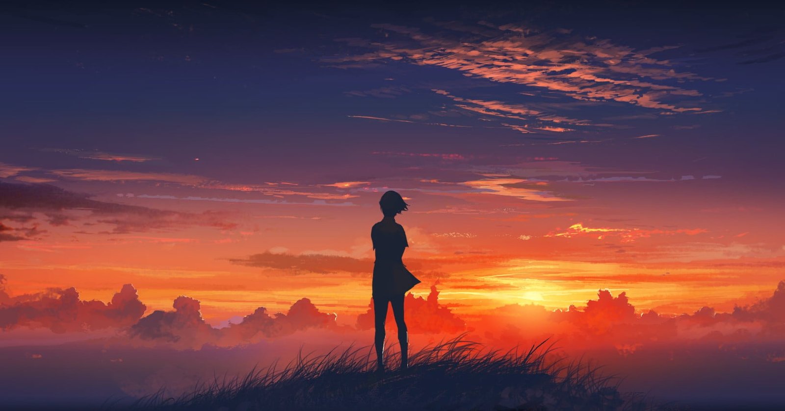 sunset illustration anime girls sky clouds original characters 2k