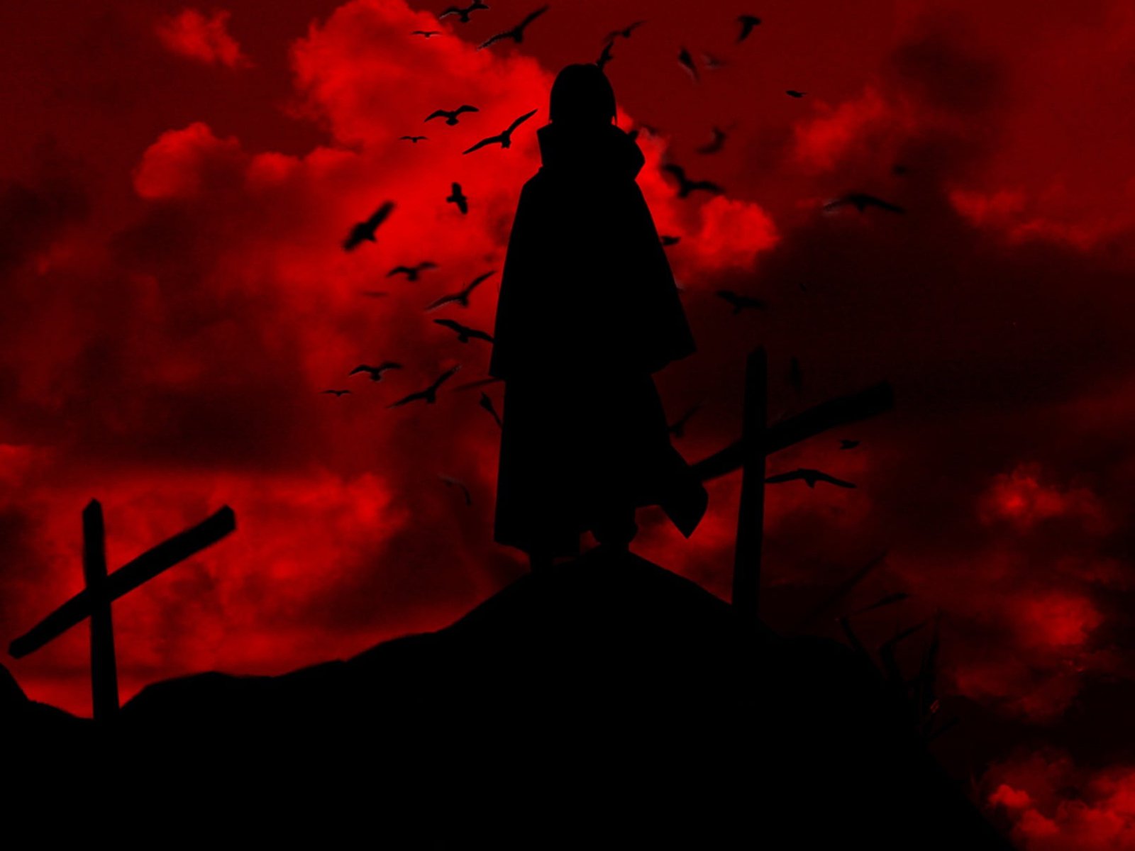 Uchiha Itachi Naruto Shippuuden silhouette red raven cross 2k