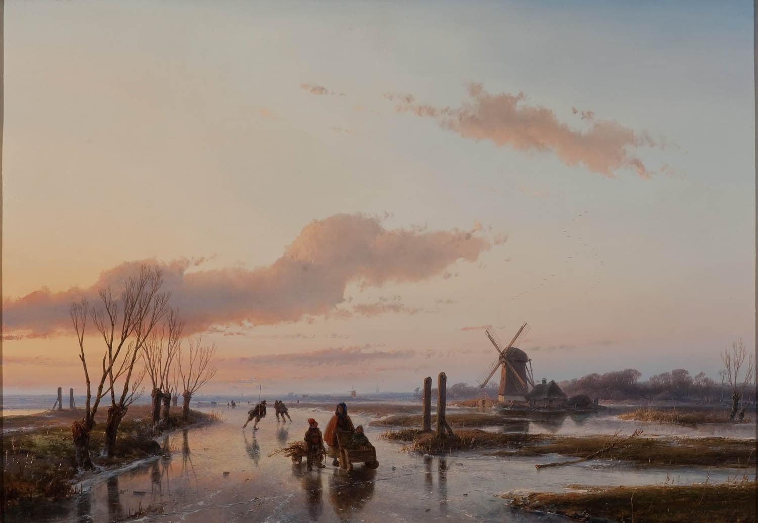windmill near body of water under cloudy sky painting classic art 2k