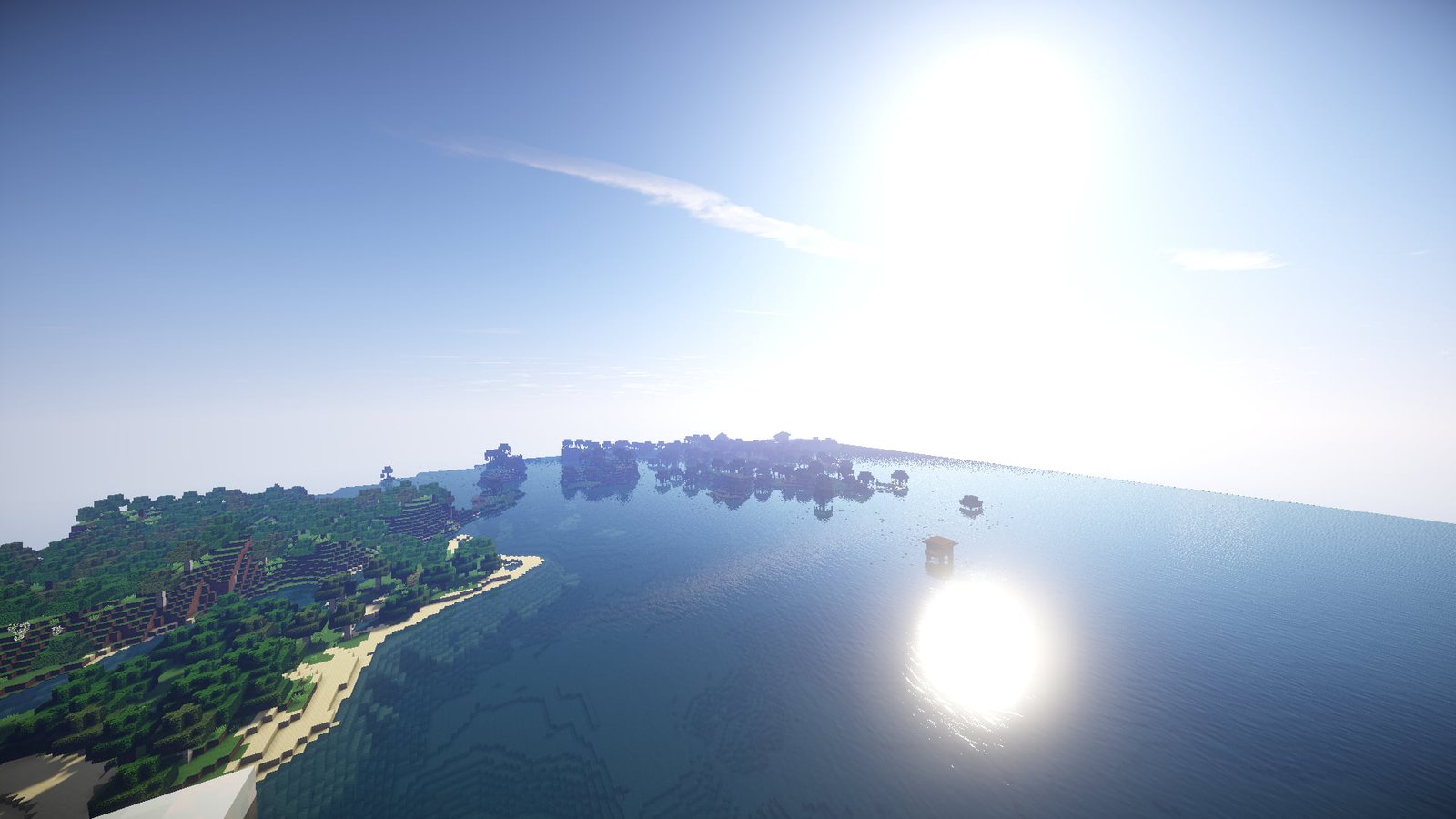 aerial view of beach Minecraft lava water Sun sea mountains 2k