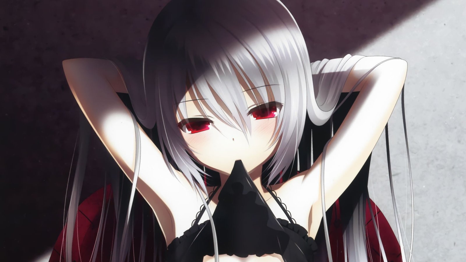 anime girl character with white hair silver red eyes long 2k
