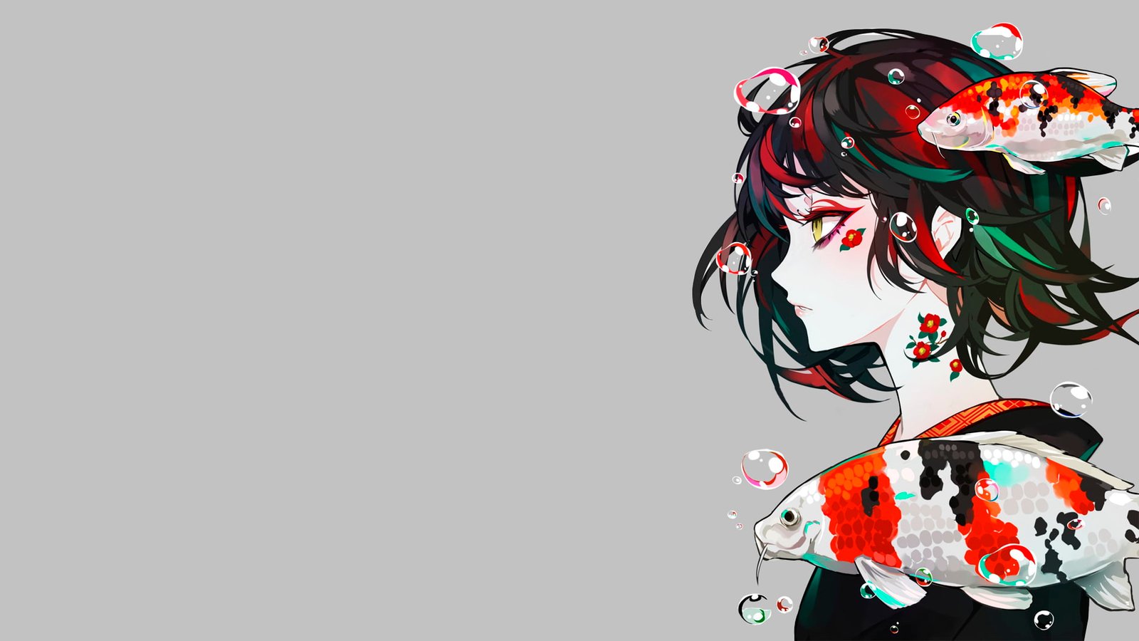 anime manga girls fish gray background simple 2k
