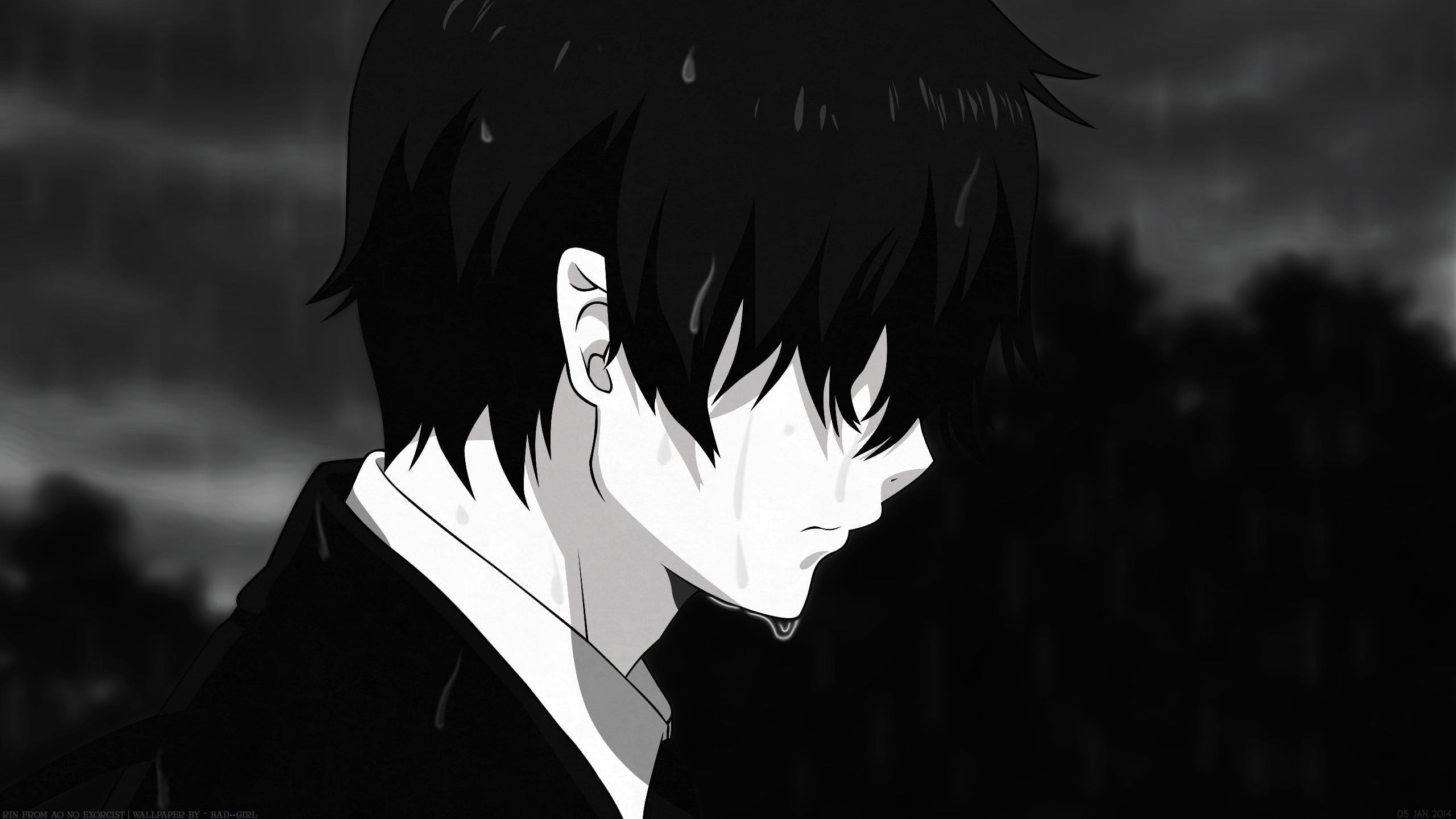 ao no exorcist rin okumura sad face black and white Anime 2k