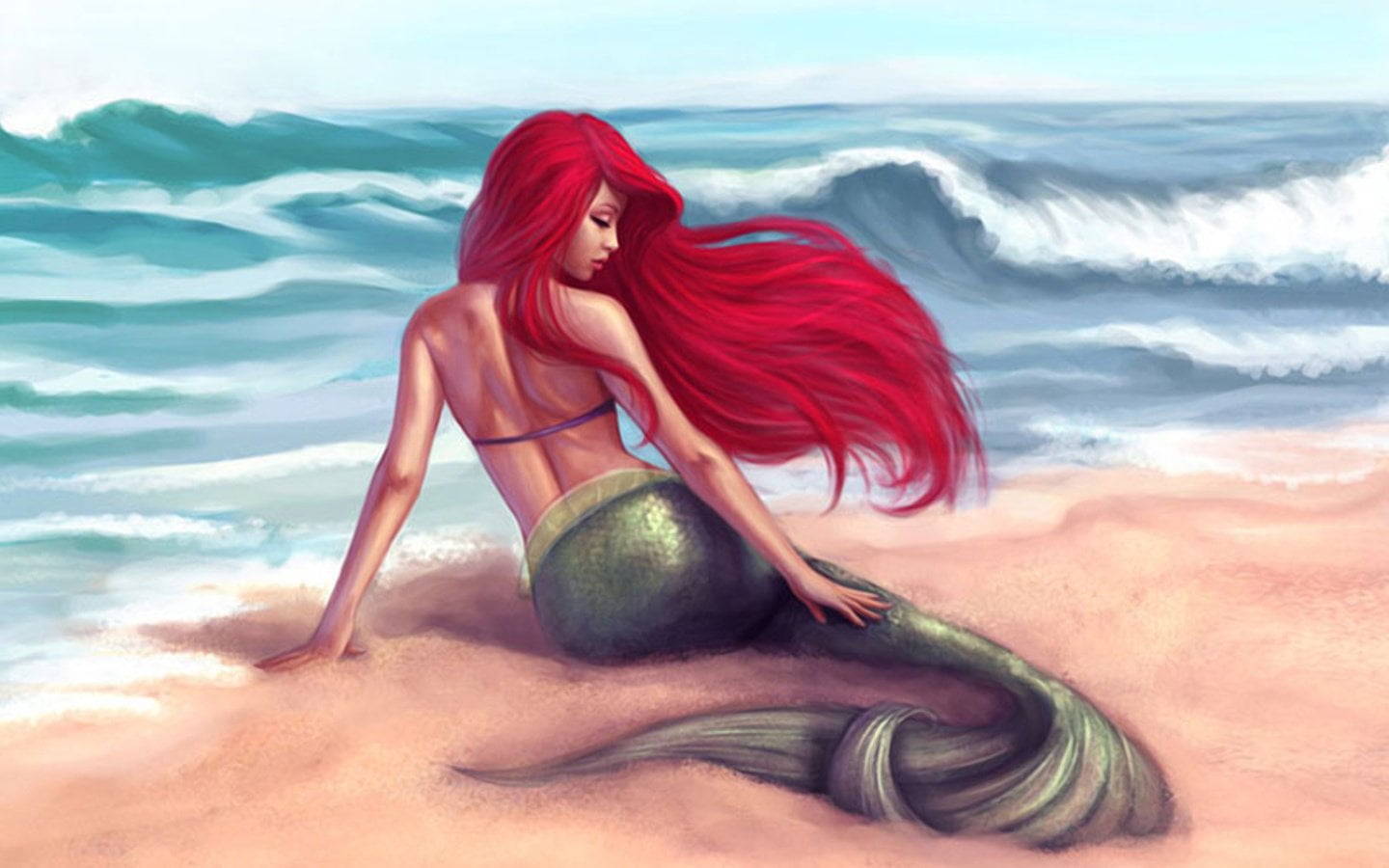 Ariel sitting on shore painting The Little Mermaid Beach Ocean