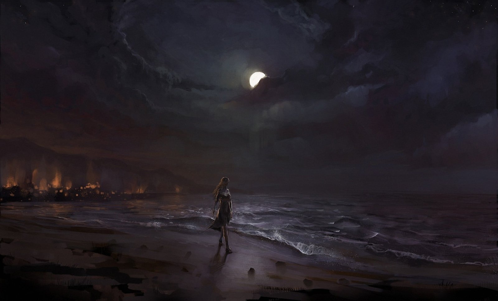 artwork fantasy girl night sea fire beach dark 2k