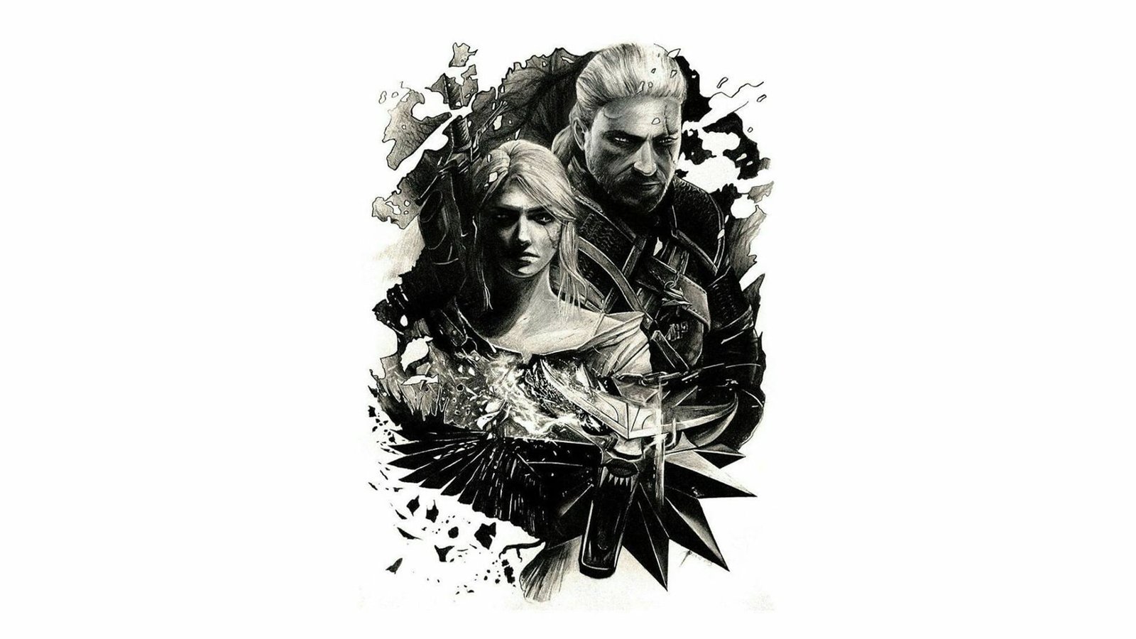 black and white flower painting Ciri Geralt of Rivia The Witcher 2k