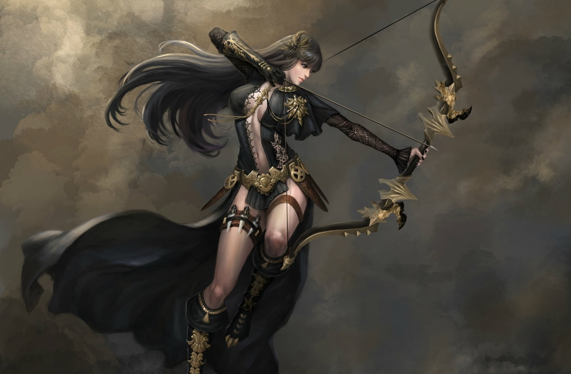 black haired female holding bow character wallpaper women arrows 2k