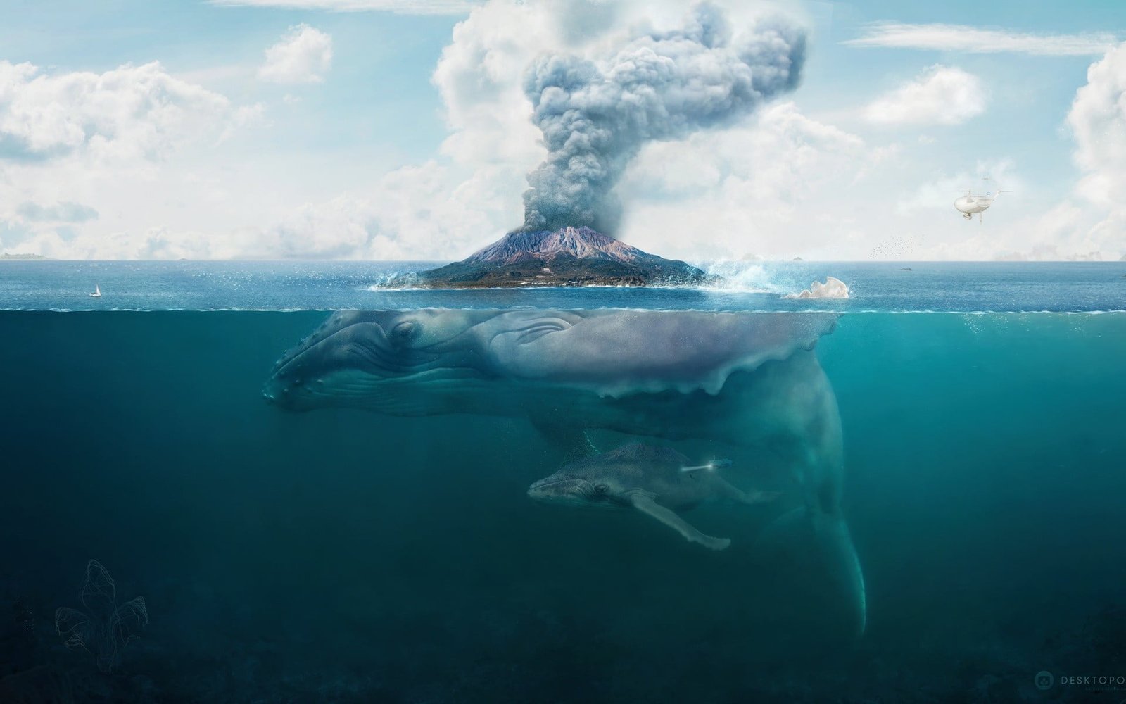 blue whale illustration nature water digital art artwork 2k