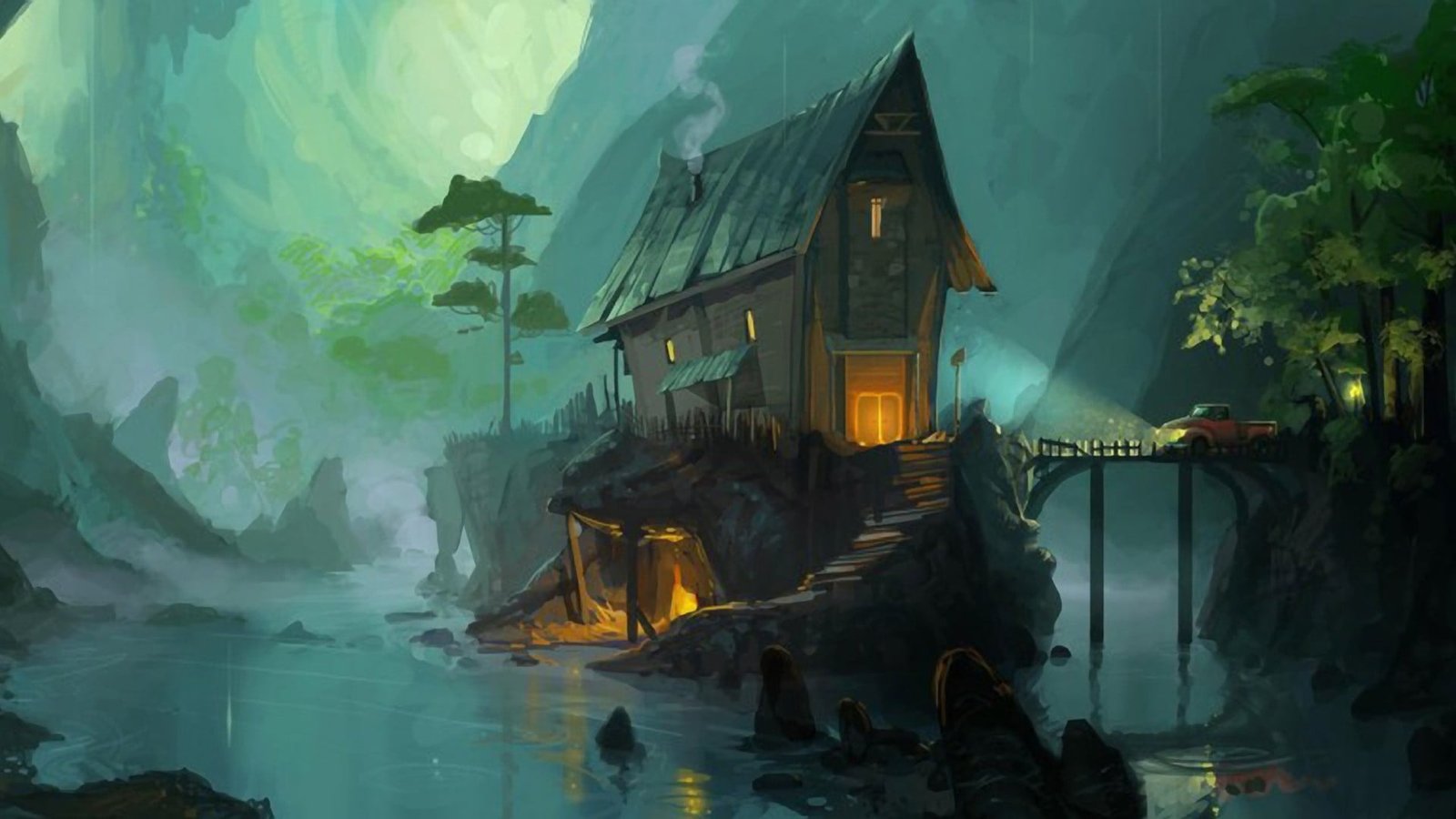 brown house on cliff illustration oil painting artwork fantasy art 2k