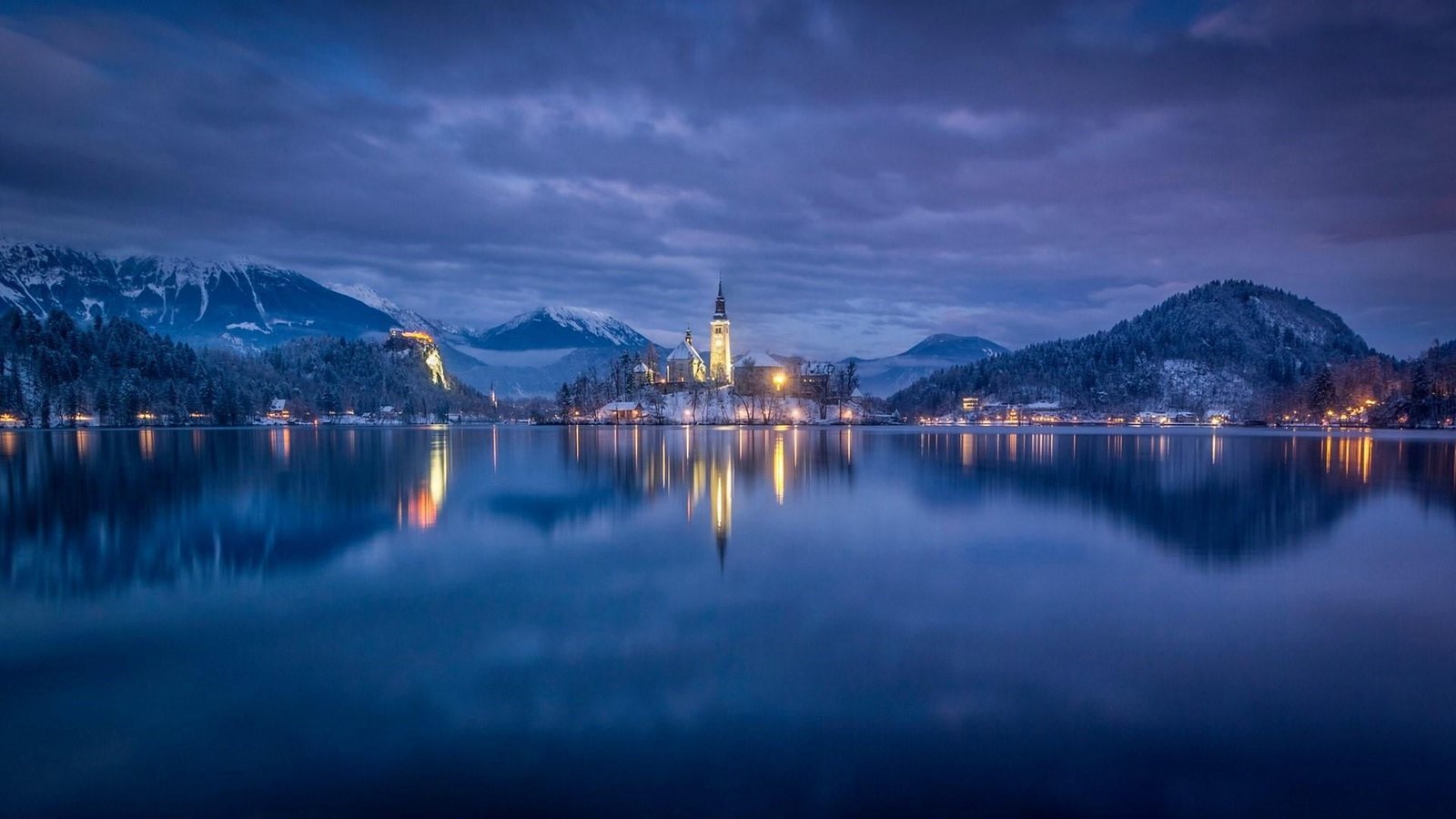 castle village evening dusk mountains mountain range alps 2k