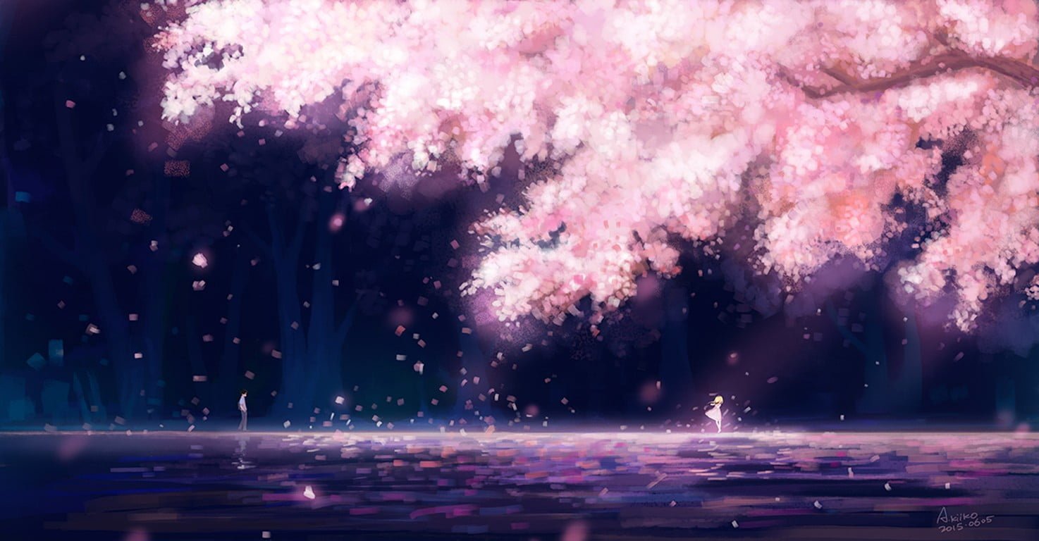 cherry blossom illustration anime girls trees Shigatsu wa Kimi no Uso