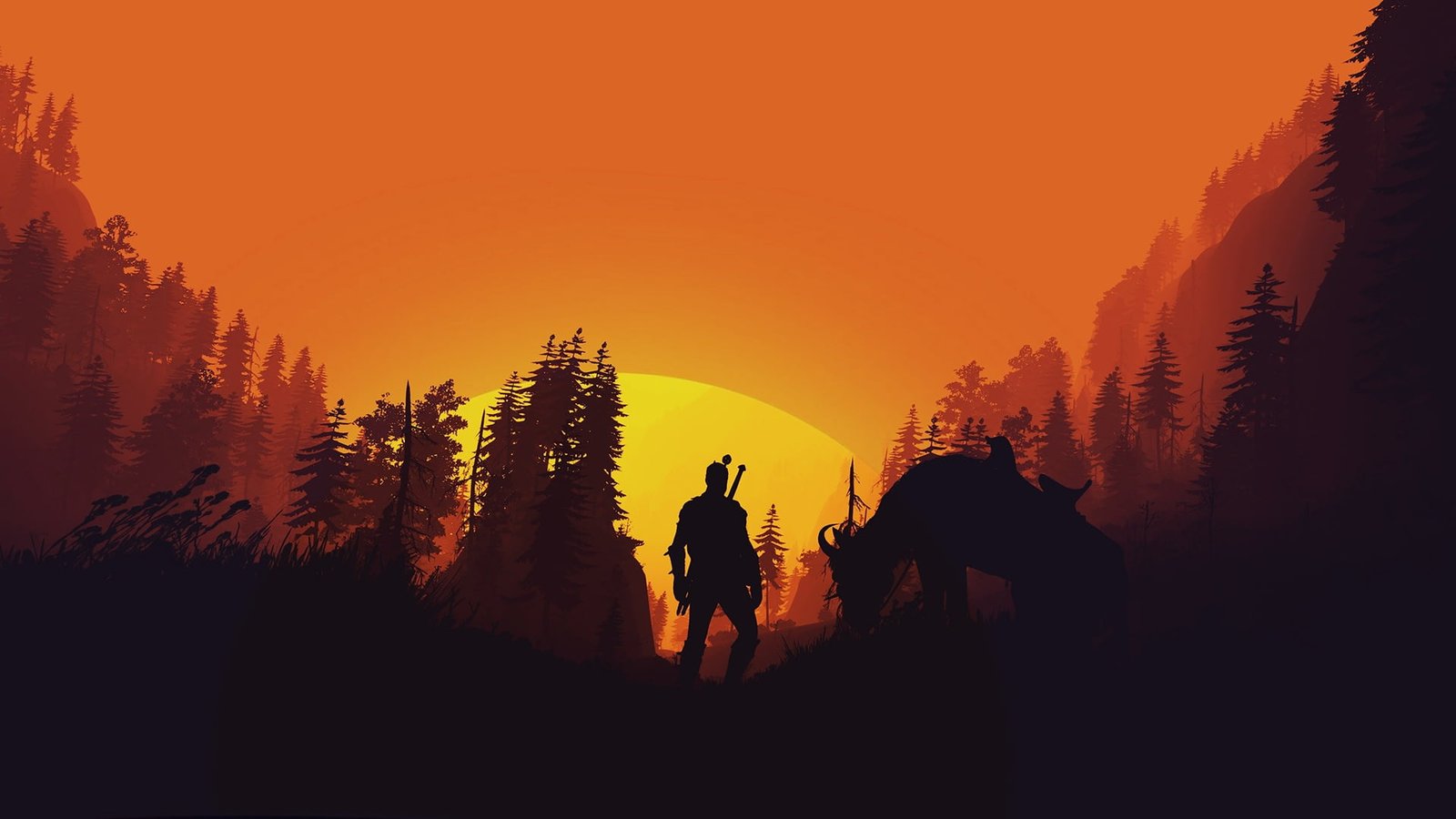 fantasy game forest The Witcher trees sun horse weapons 2k