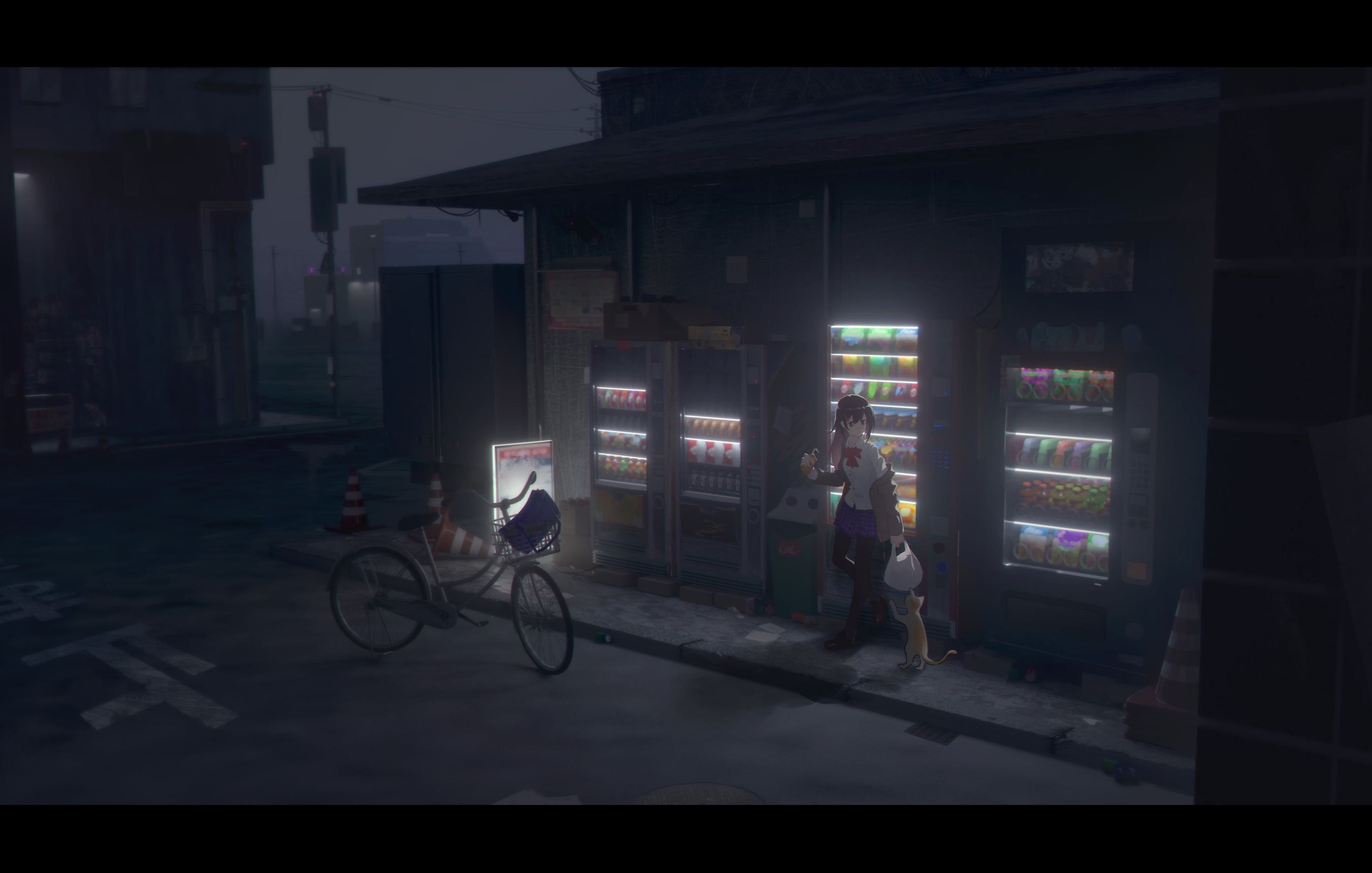 anime girls dark night urban city bicycle cat transportation 2k