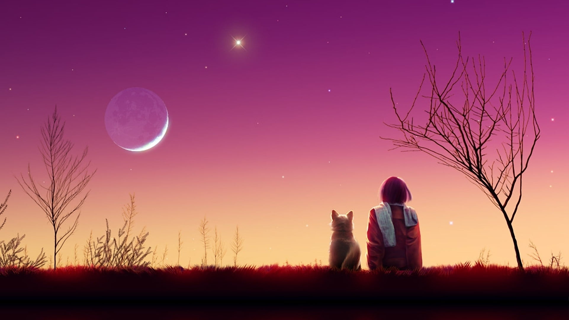 girl sitting beside dog digital wallpaper kagaya moon anime 2k