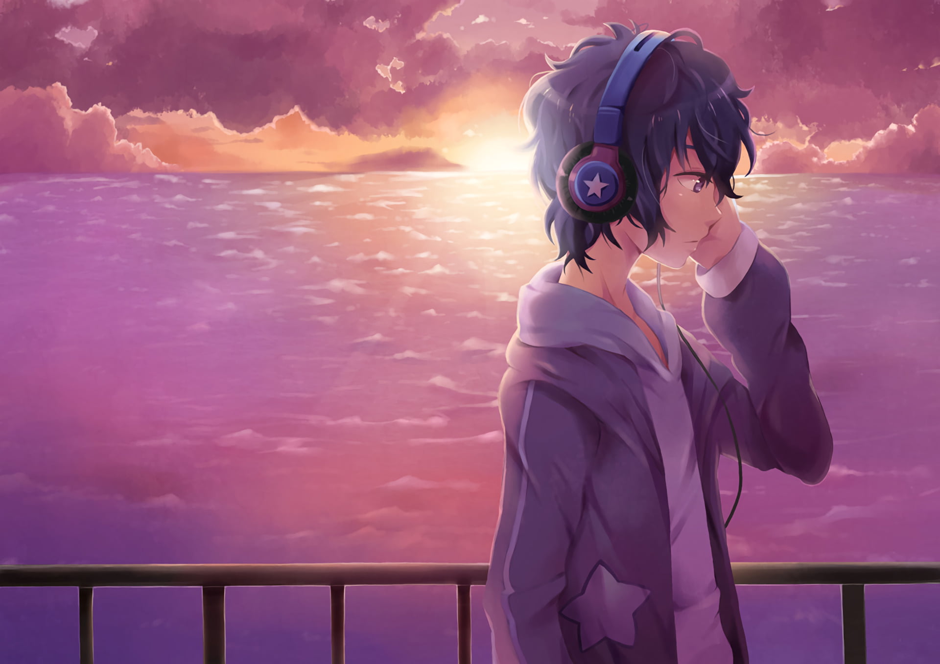 Anime Original Boy Headphones sky sunset 2k