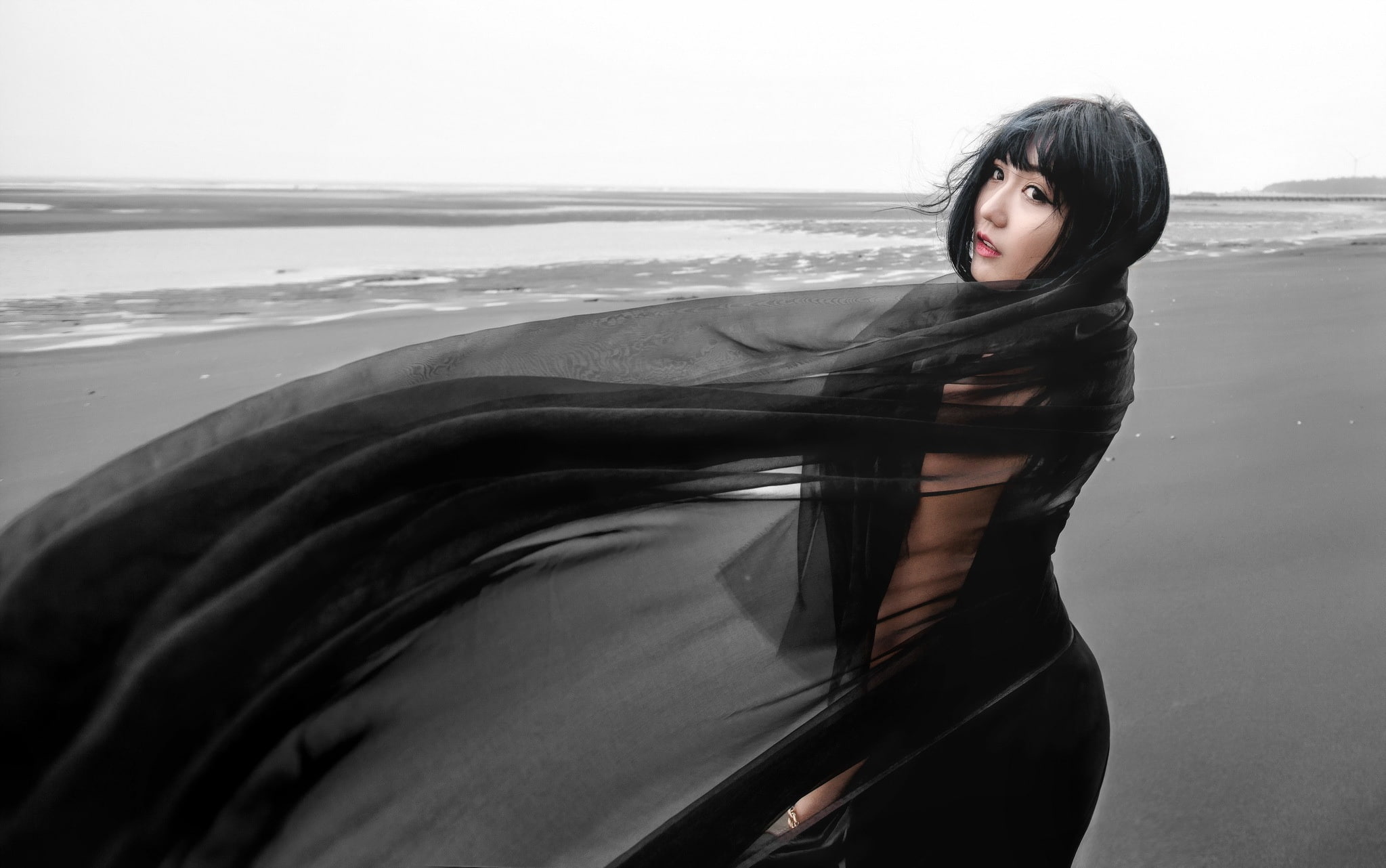 Asian women black dress beach water one person young adult 2k