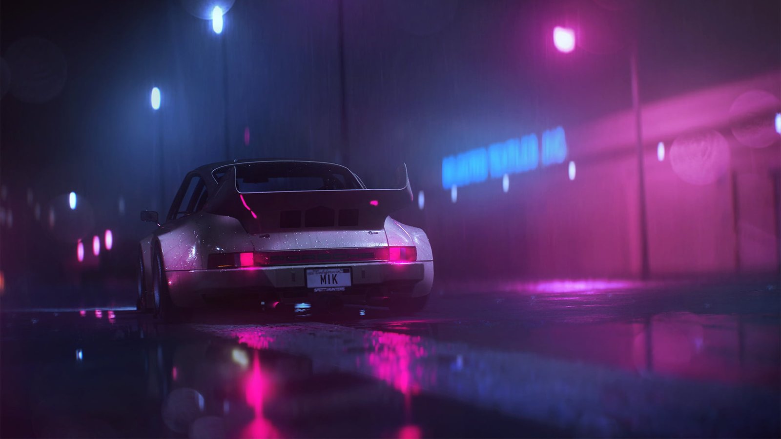 gray sports car digital art neon Porsche synthwave retrowave 2k
