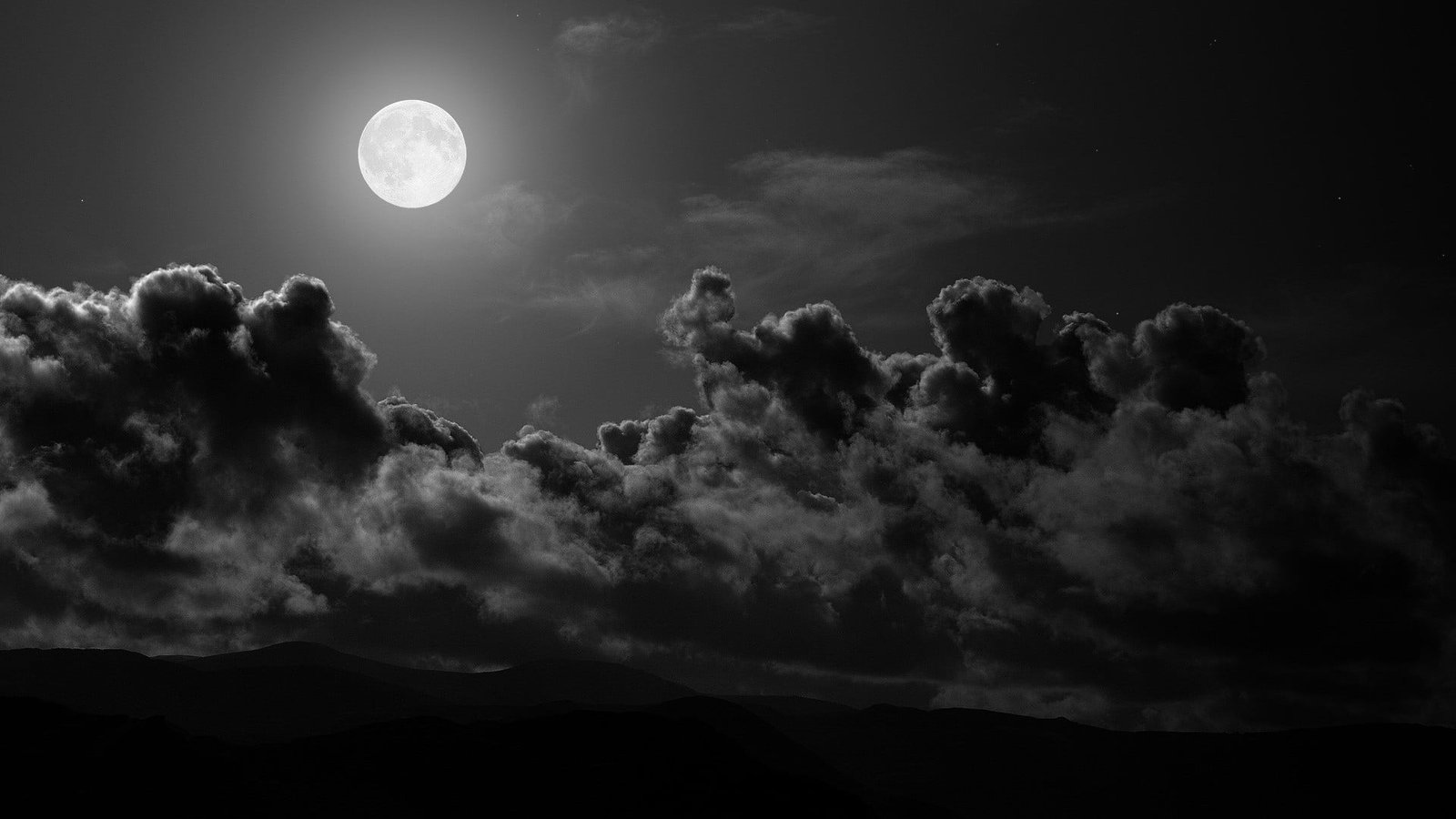 grayscale photo of full moon clouds monochrome nature landscape 2k