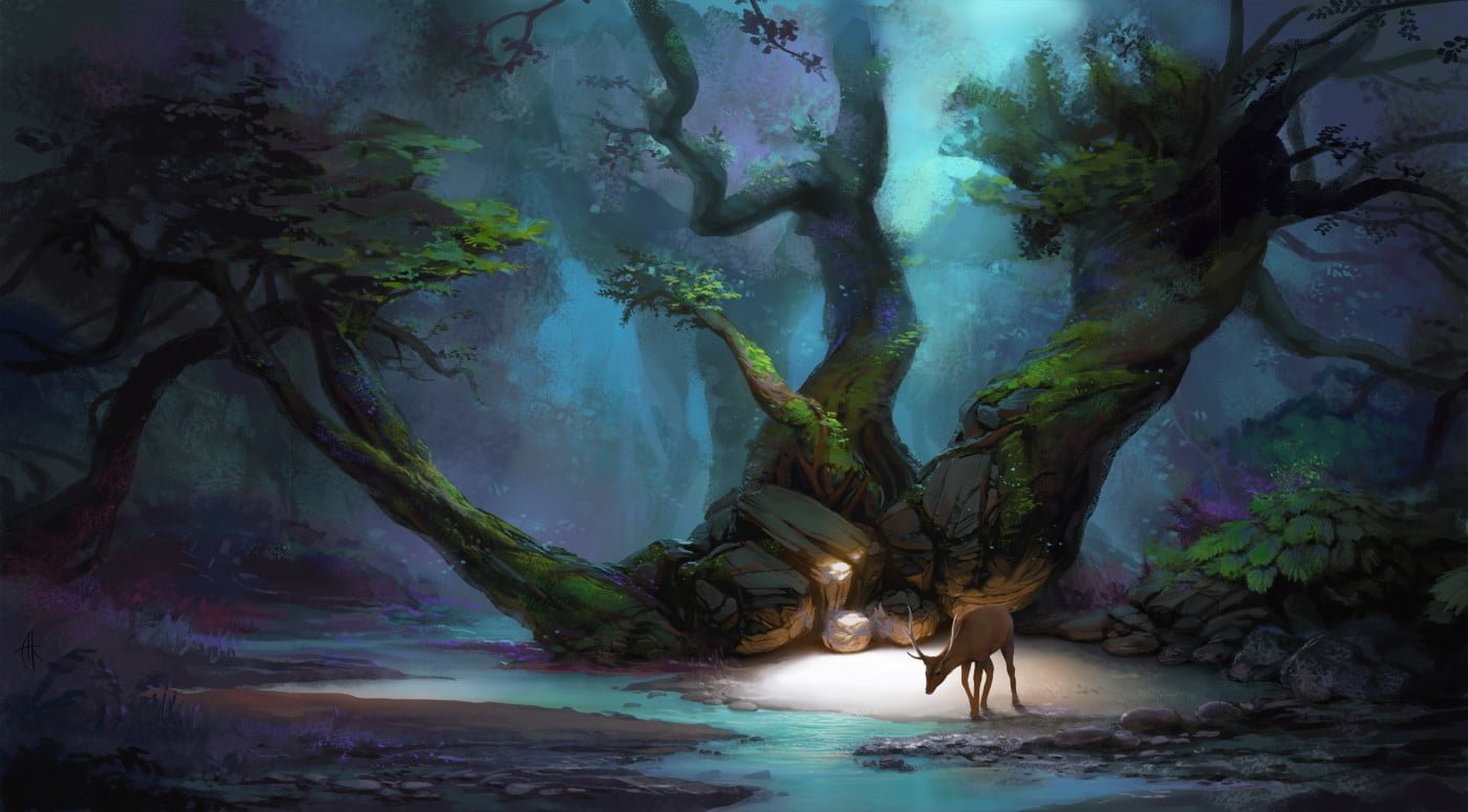 green leafed tree illustration deer in front of graphic art