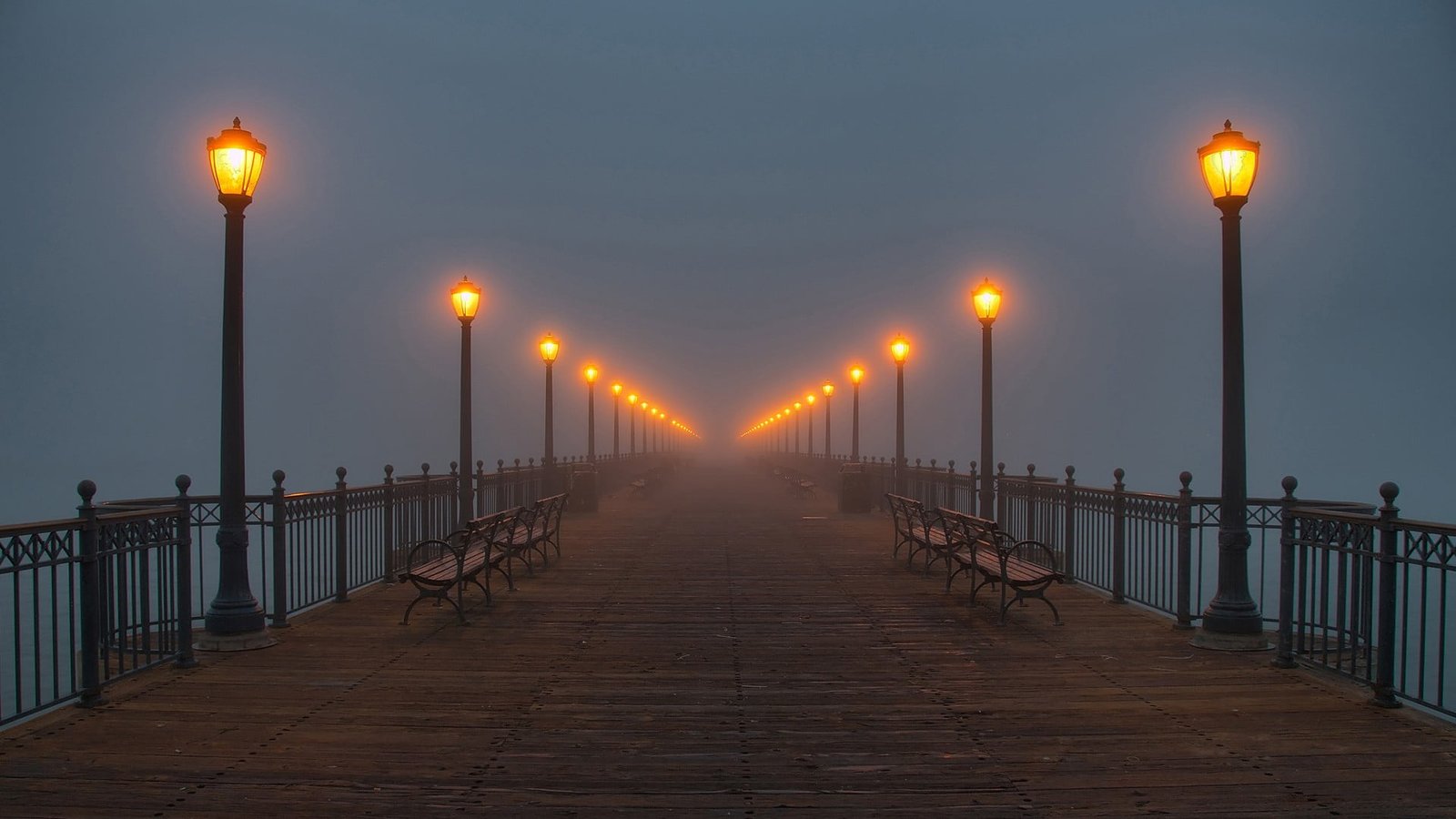 brown wooden benches and street lamps cityscape lights pier 2k