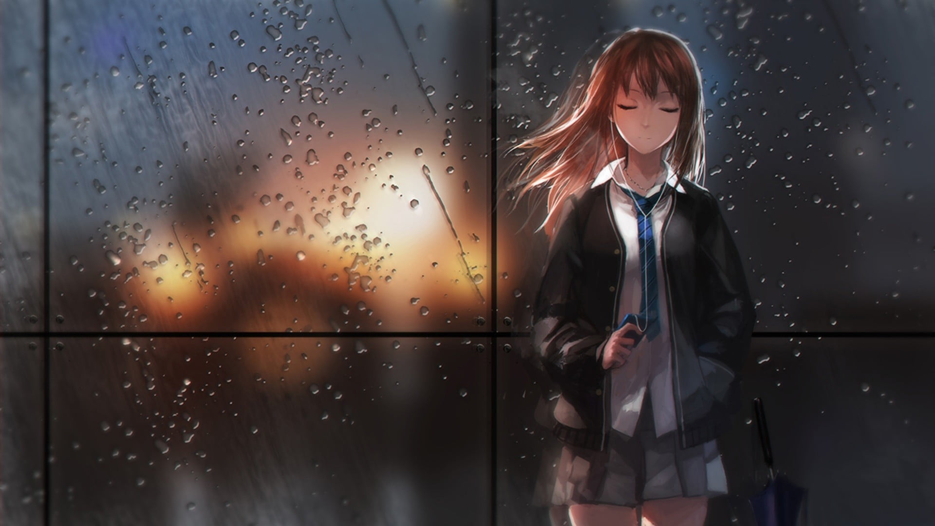 brown haired girl wearing jacket and earphones anime wallpaper 2k