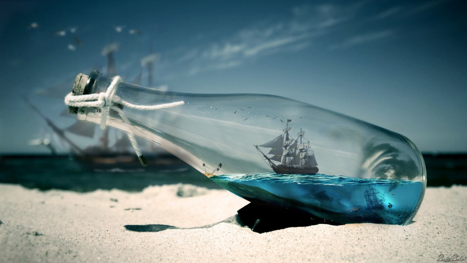 clear impossible bottle close up photo of glass on sand 2k