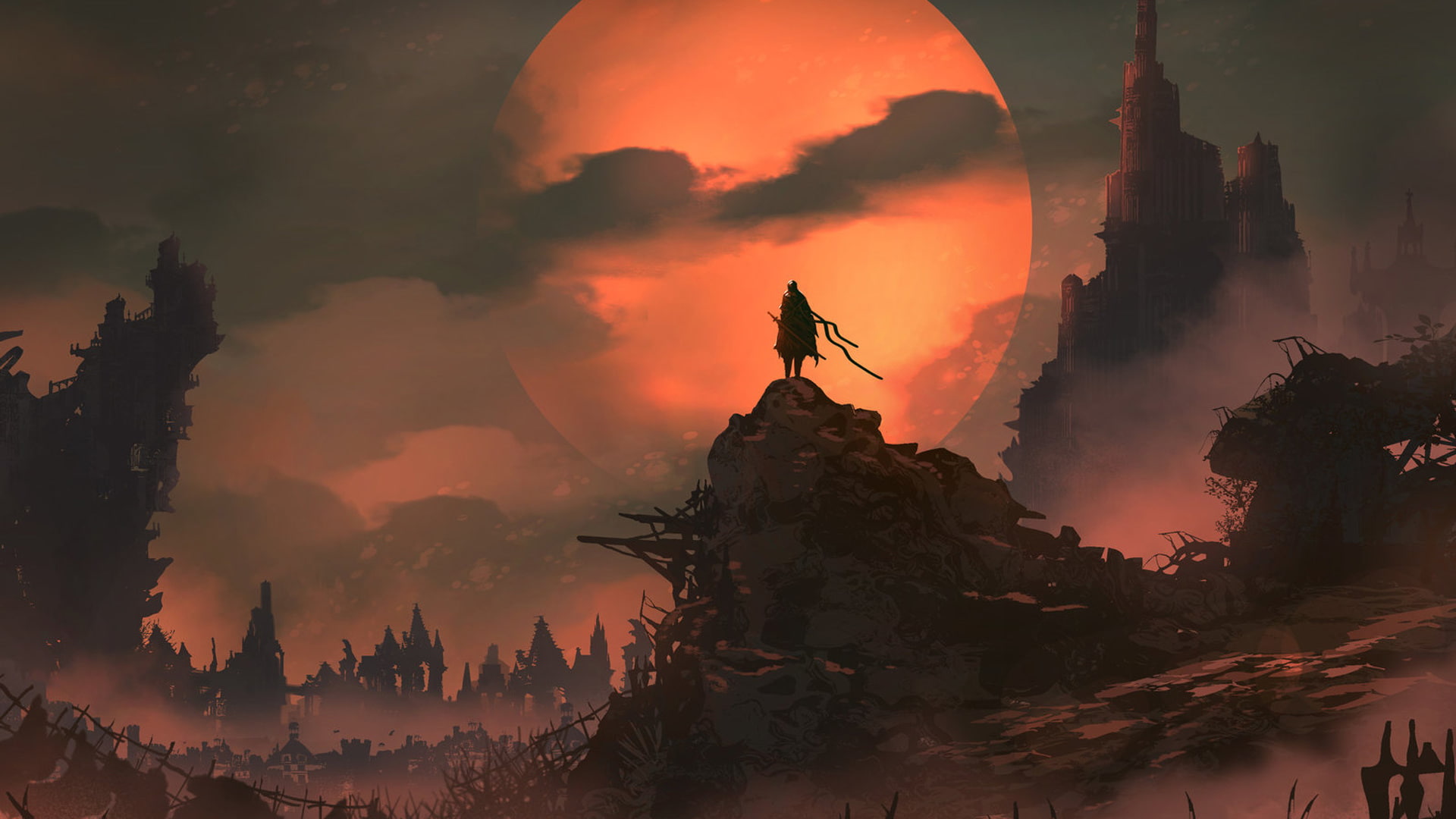 digital art soldier sword warrior castle mountains landscape 2k
