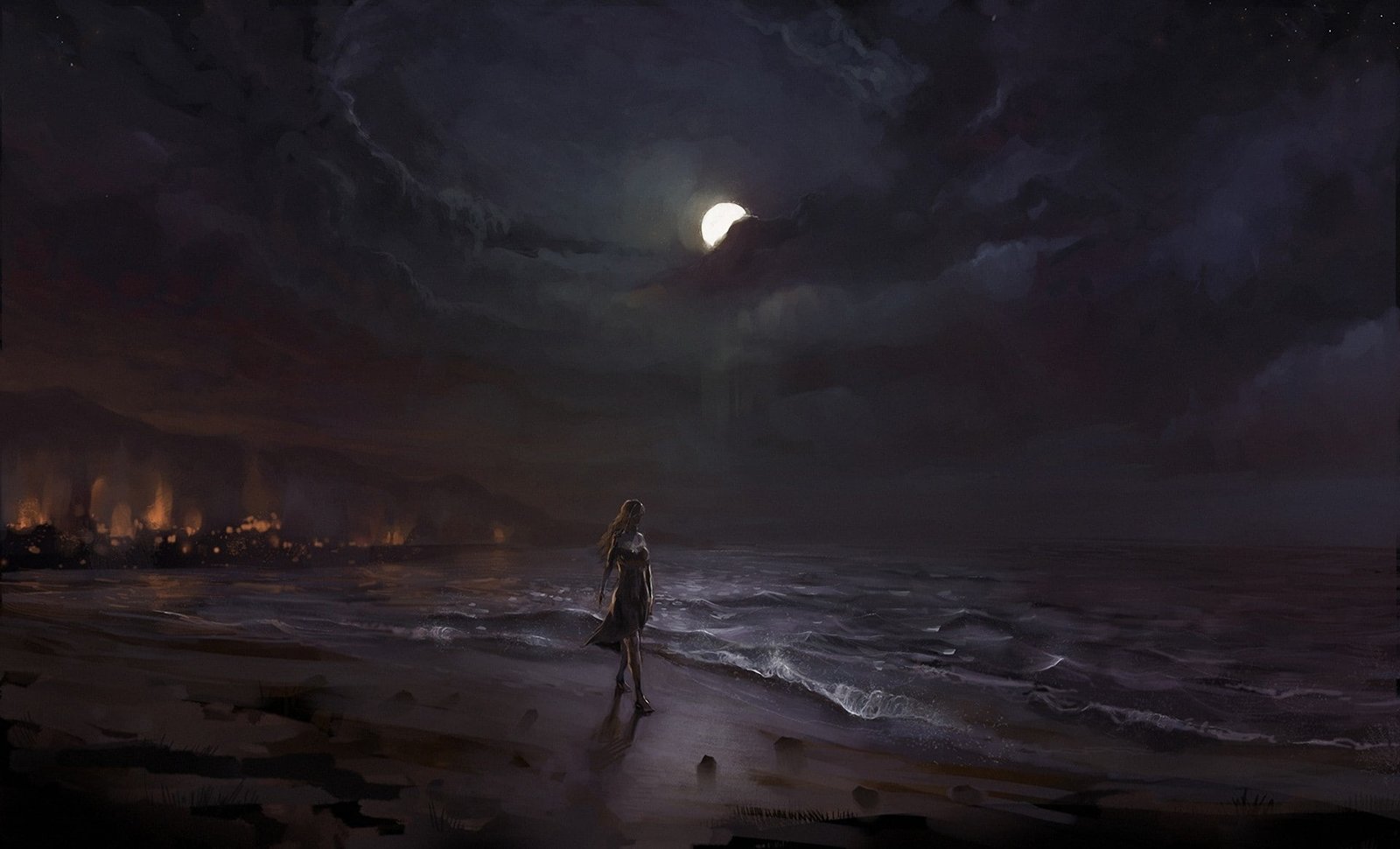 fantasy girl dark beach artwork sea fire night 2k