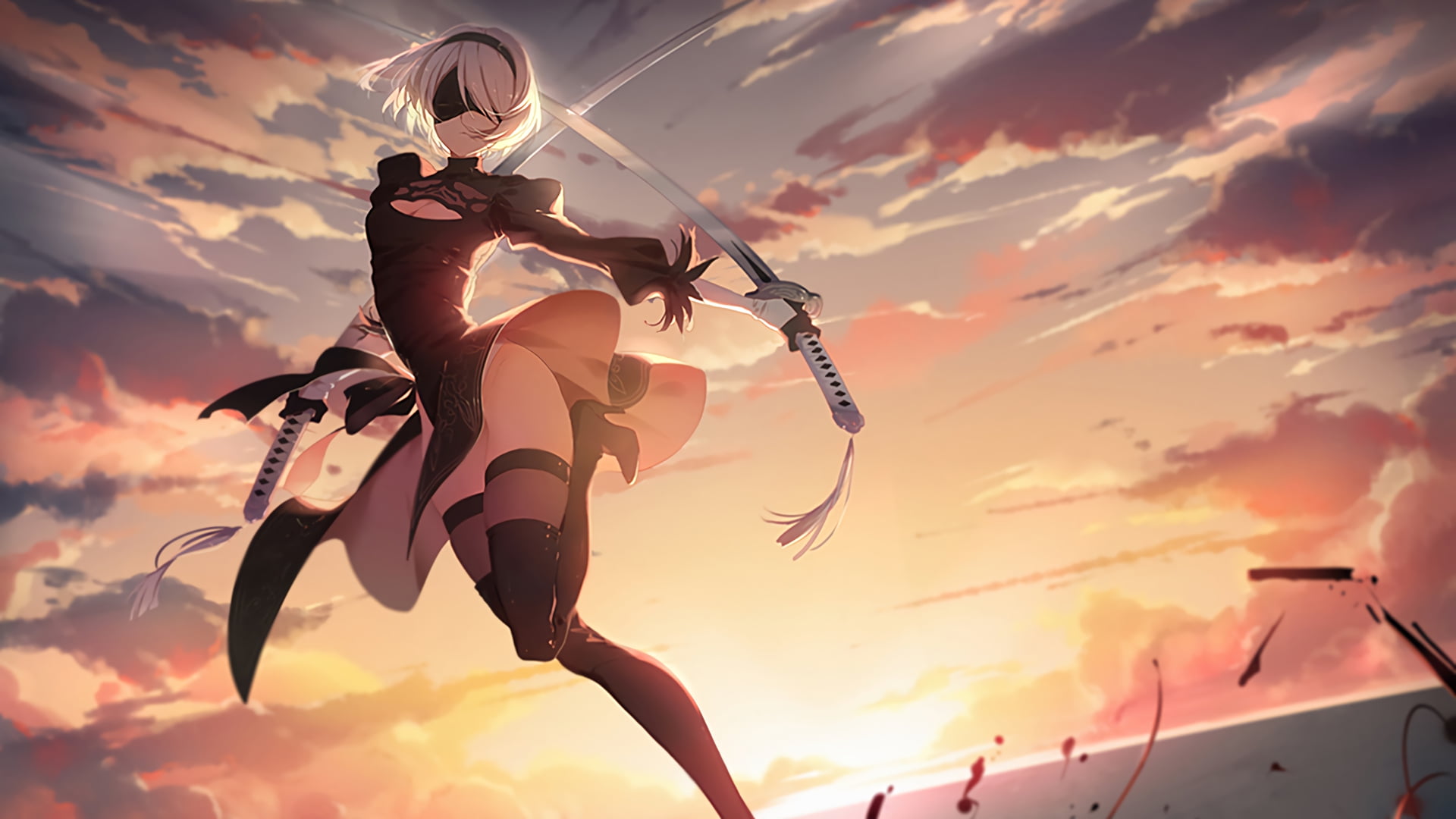 gray haired woman holding sword illustration video games Nier Automata 2k