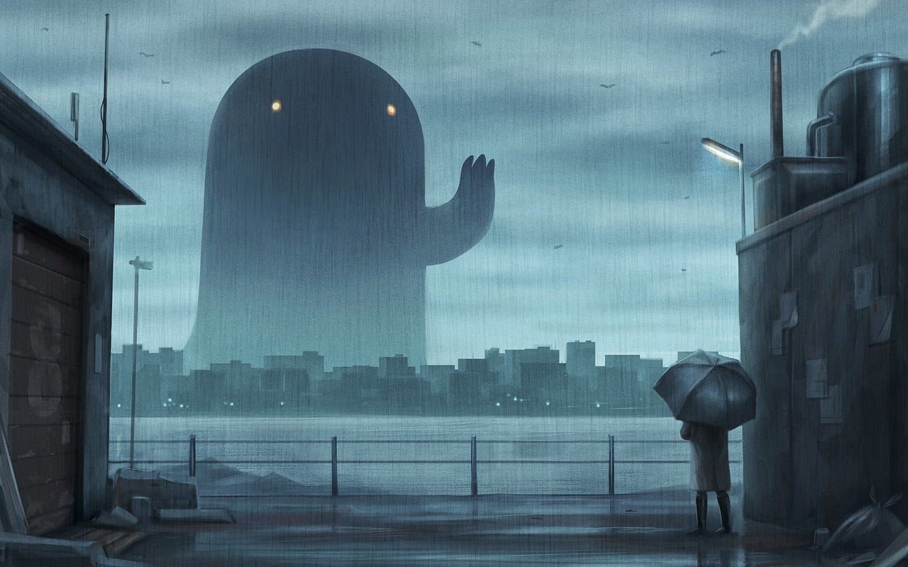 man holding umbrella standing near building artwork under looking at monster illustration