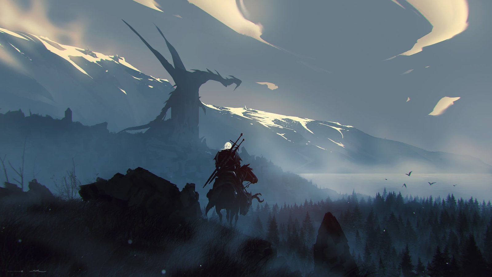 man riding horse facing snow covered mountain painting fantasy art 2k