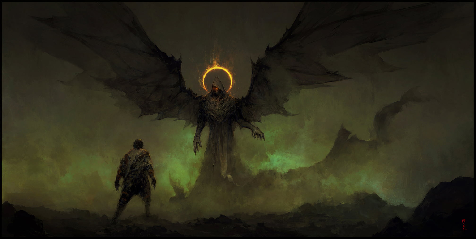 monster with wings digital wallpaper art artwork dark 2k