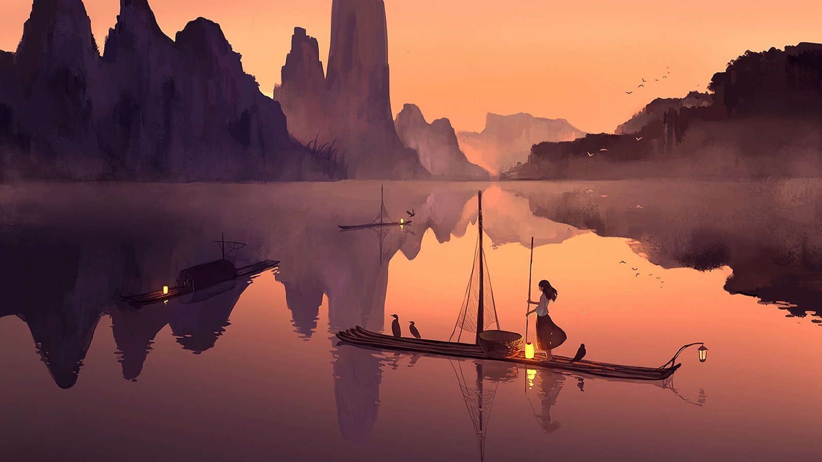 reflection anime art nature landscape boat drawing 2k